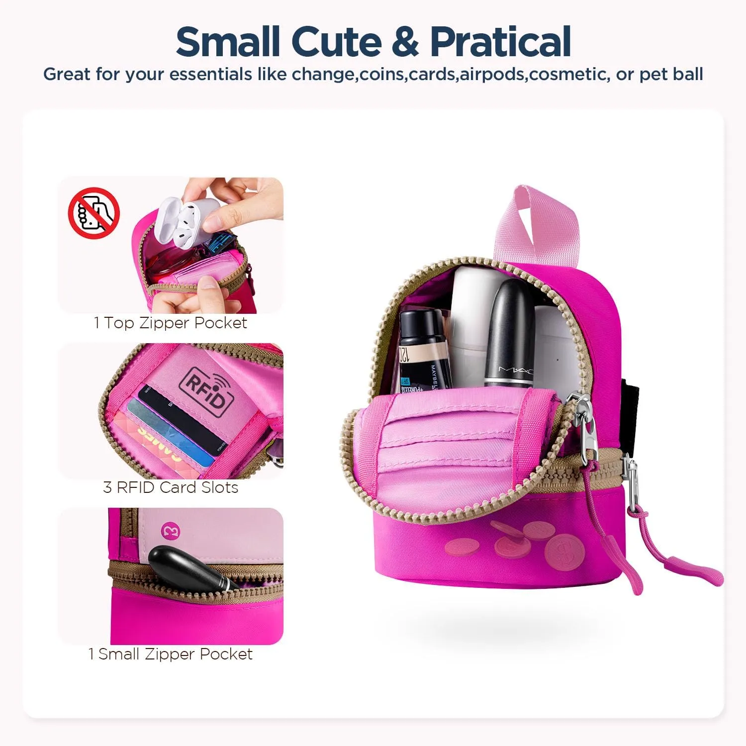 Babysun Mini Backpack Keychain Wristlet Pouch Small Change Coin Purse Cute Zipper Wallet With 3 RFID Card Slots For Women/Men Airpods Cosmetics