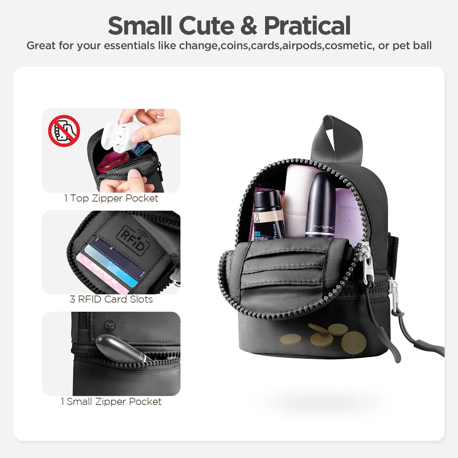 Babysun Mini Backpack Keychain Wristlet Pouch Small Change Coin Purse Cute Zipper Wallet With 3 RFID Card Slots For Women/Men Airpods Cosmetics