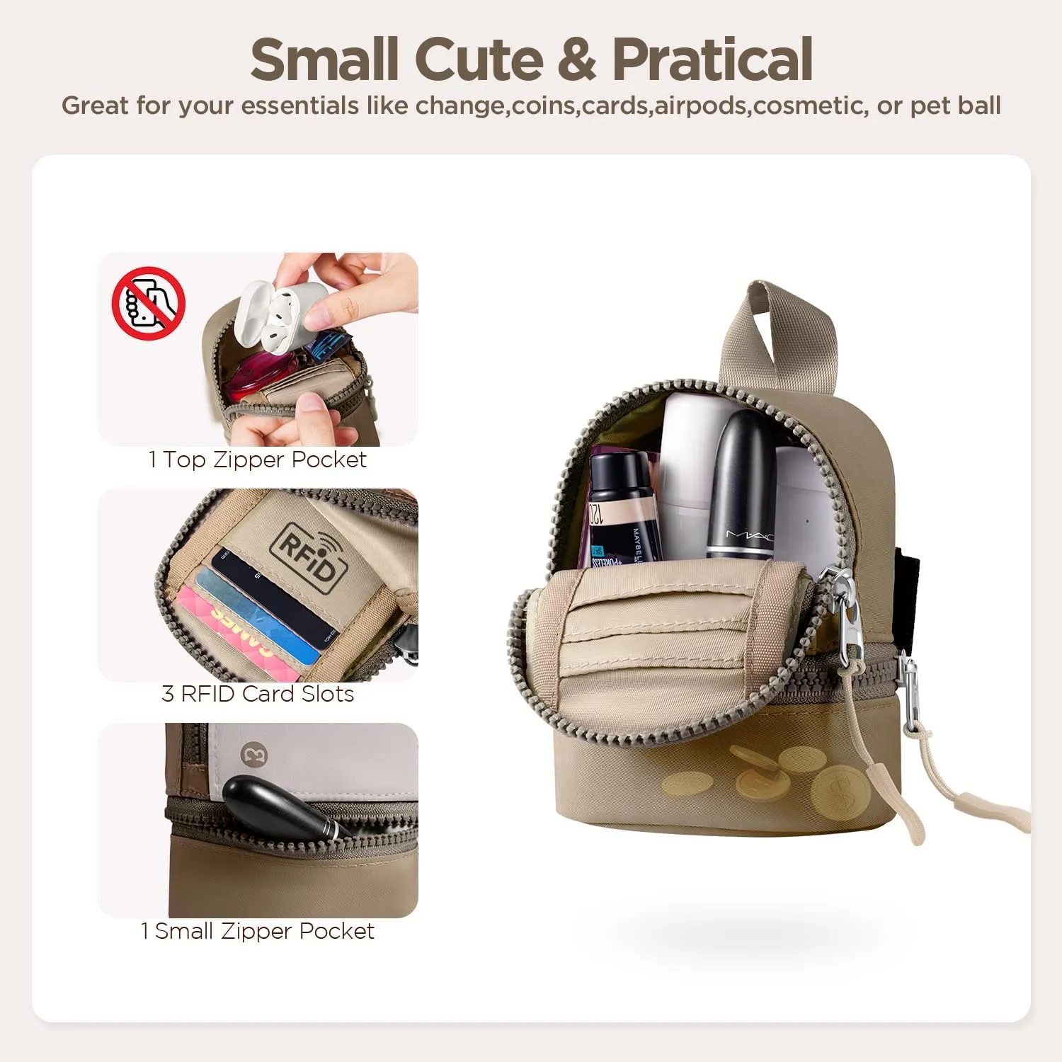 Babysun Mini Backpack Keychain Wristlet Pouch Small Change Coin Purse Cute Zipper Wallet With 3 RFID Card Slots For Women/Men Airpods Cosmetics