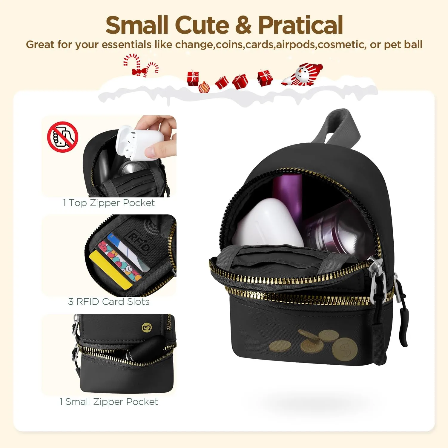 Babysun Mini Backpack Keychain Wristlet Pouch Small Change Coin Purse Cute Zipper Wallet With 3 RFID Card Slots For Women/Men Airpods Cosmetics