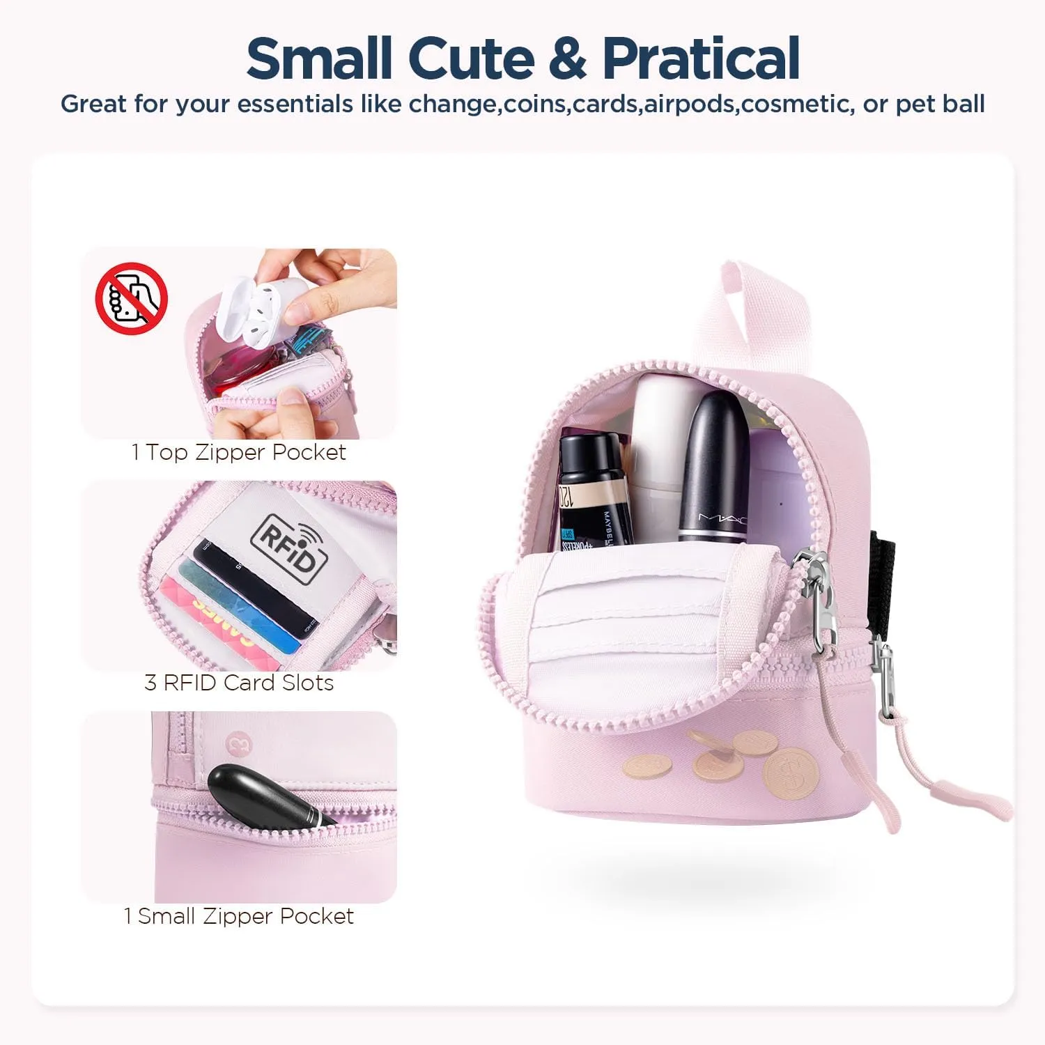 Babysun Mini Backpack Keychain Wristlet Pouch Small Change Coin Purse Cute Zipper Wallet With 3 RFID Card Slots For Women/Men Airpods Cosmetics