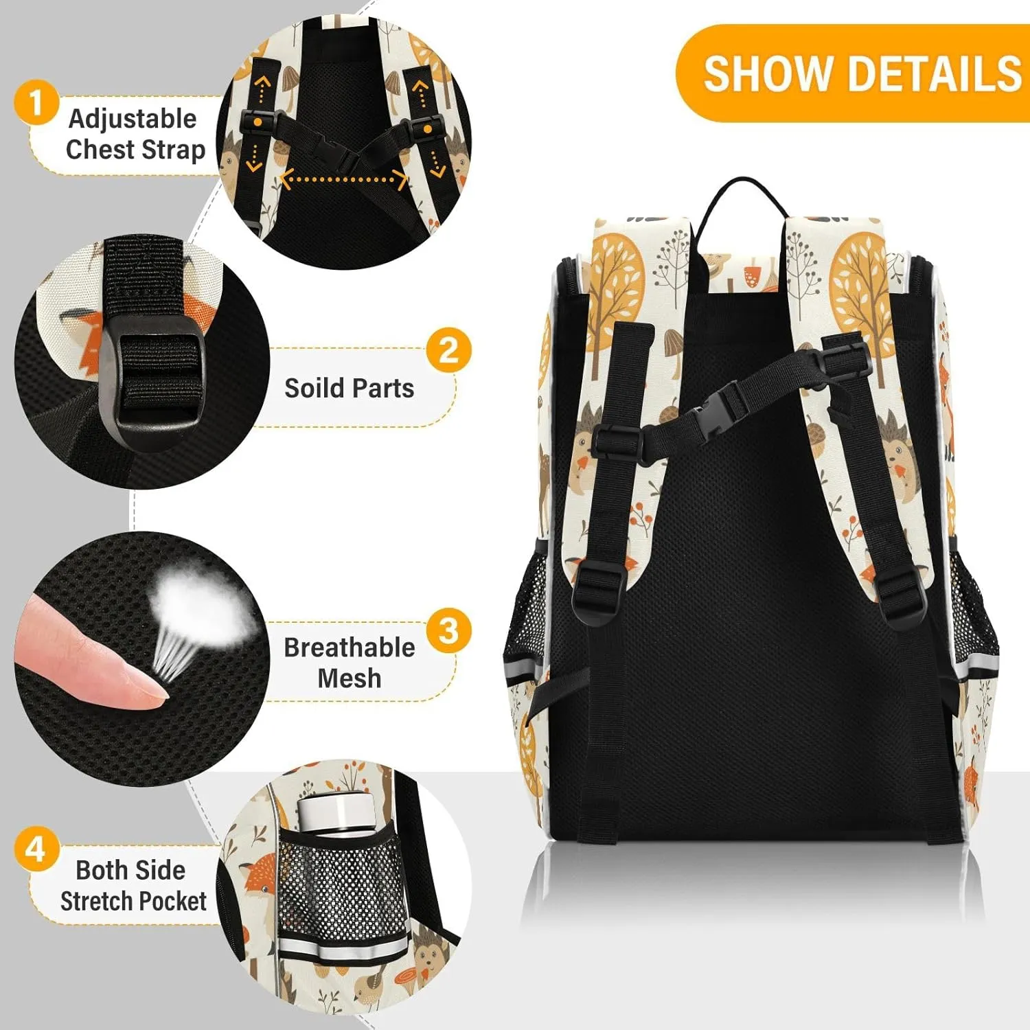 Backpack Autumn Forest Jungle Animal Fox Deer Rabbit School Backpack Travel Hiking Large Capacity Causal Daypack Bookbag Laptop Schoolbag with Reflective Tape for Boys Girls Adults