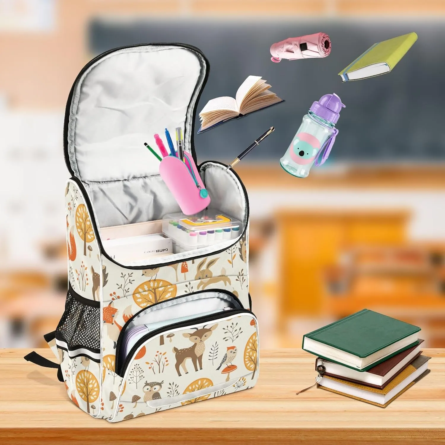 Backpack Autumn Forest Jungle Animal Fox Deer Rabbit School Backpack Travel Hiking Large Capacity Causal Daypack Bookbag Laptop Schoolbag with Reflective Tape for Boys Girls Adults