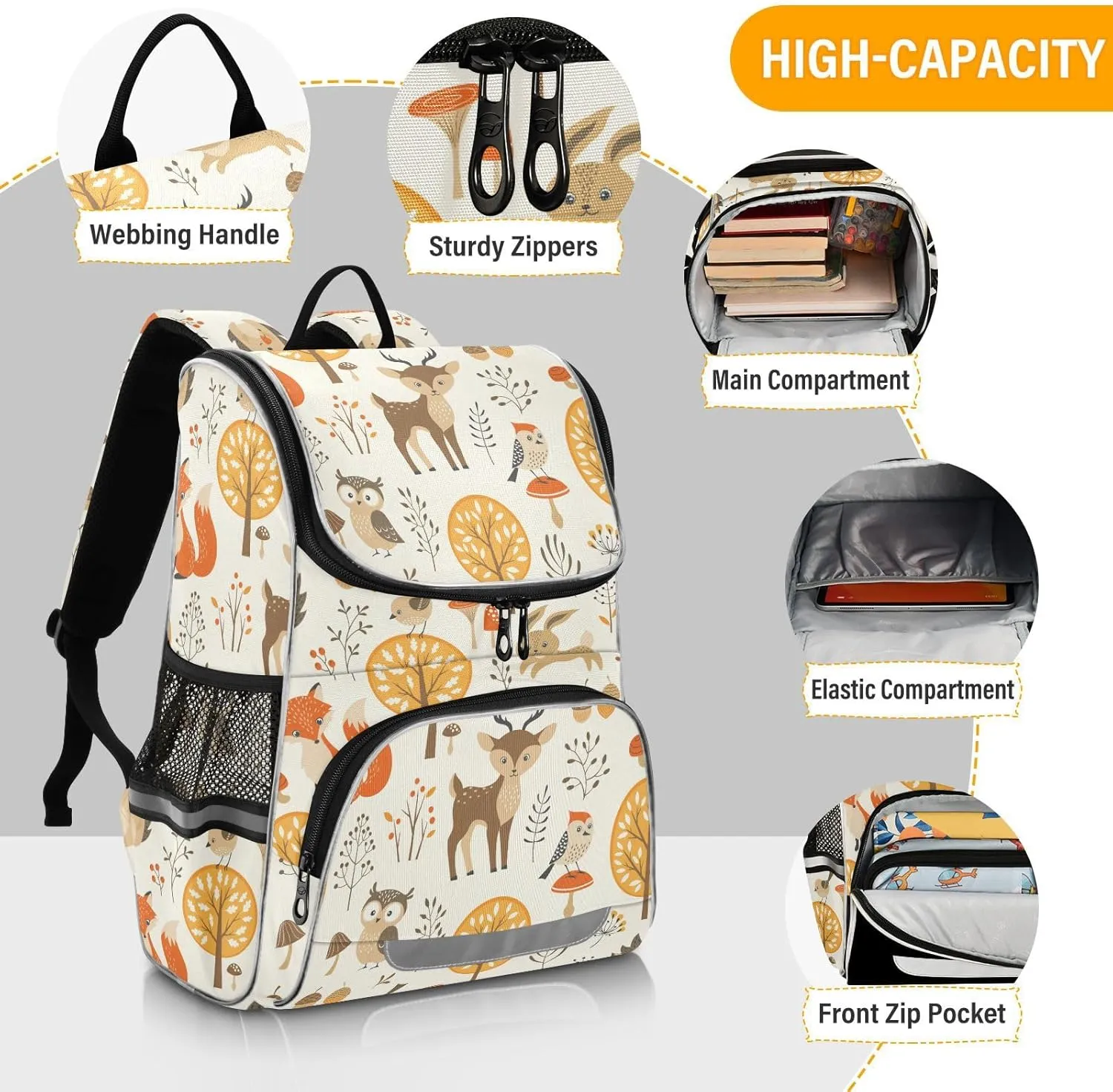 Backpack Autumn Forest Jungle Animal Fox Deer Rabbit School Backpack Travel Hiking Large Capacity Causal Daypack Bookbag Laptop Schoolbag with Reflective Tape for Boys Girls Adults
