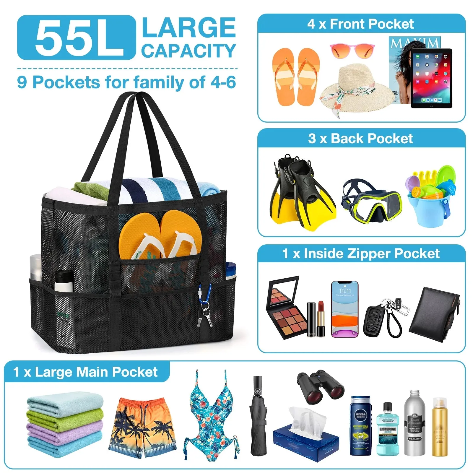 Bag Rope for Bag Mesh Wicker Tote Mesh with Pockets Handles, 9 Contains Oversized Tote Bag Women (Black) Verified seller Small Global express Beach Beach