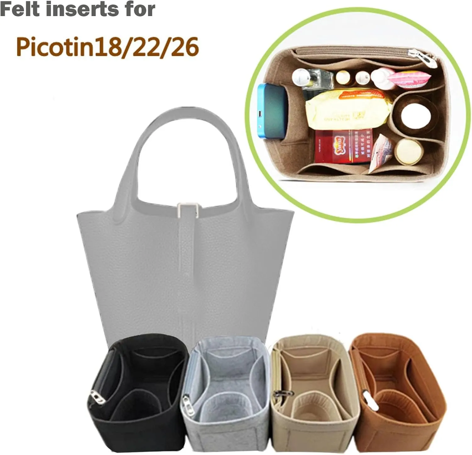 Bag Wallet Organizer -picotin bag organizer 26 Bucket Bag Liner Bag Zipper Lid Liner Organizer 1008Khaki-A-L