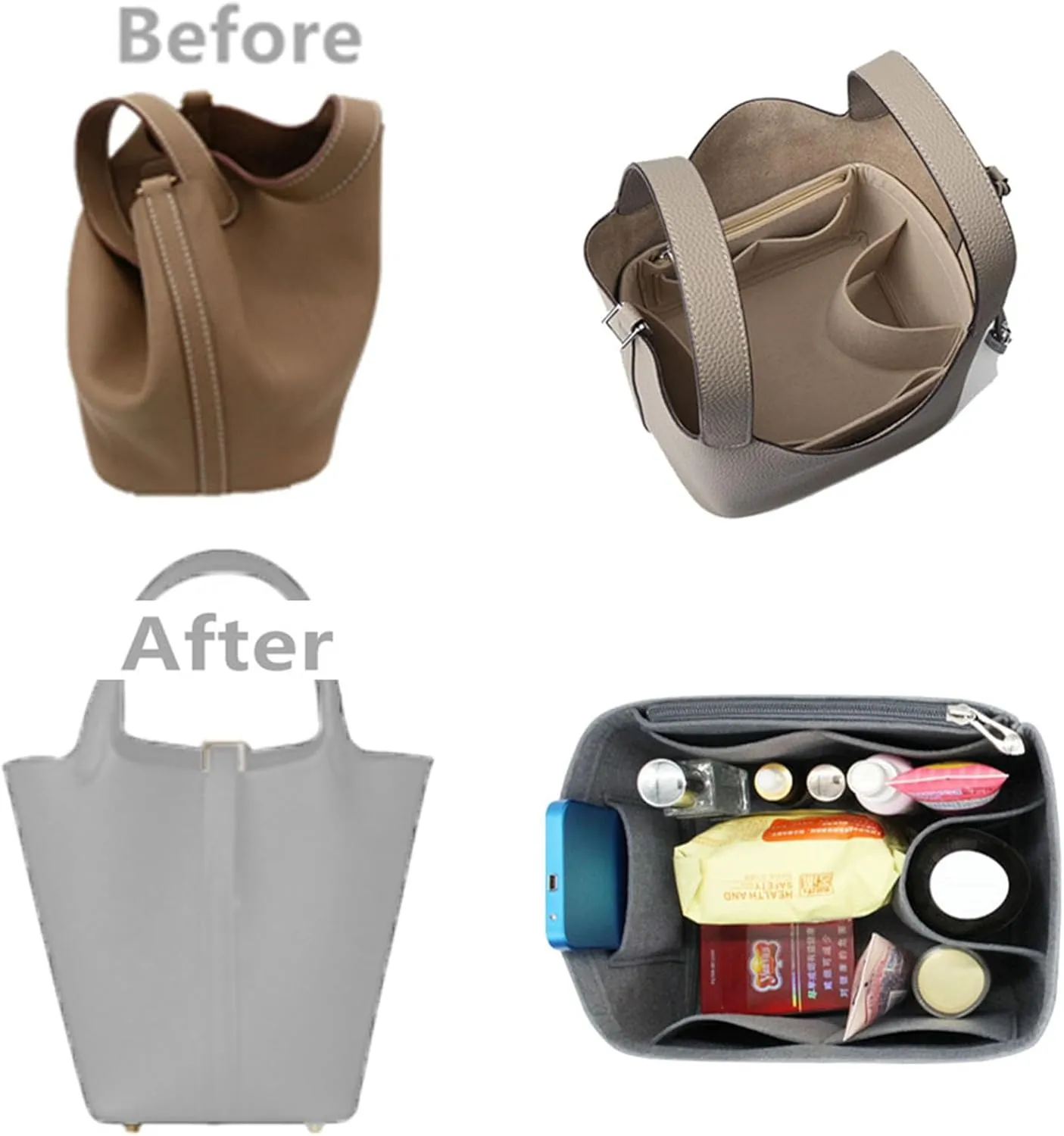 Bag Wallet Organizer -picotin bag organizer 26 Bucket Bag Liner Bag Zipper Lid Liner Organizer 1008Khaki-A-L