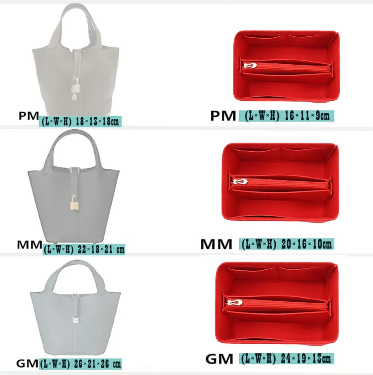 Bag Wallet Organizer -picotin bag organizer 26 Bucket Bag Liner Bag Zipper Lid Liner Organizer 1008Khaki-A-L