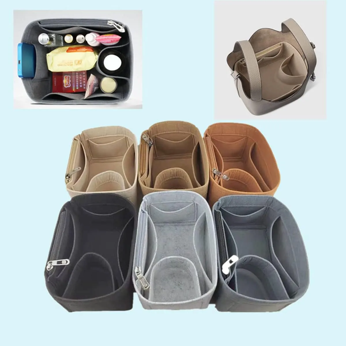 Bag Wallet Organizer -picotin bag organizer 26 Bucket Bag Liner Bag Zipper Lid Liner Organizer 1008Khaki-A-L