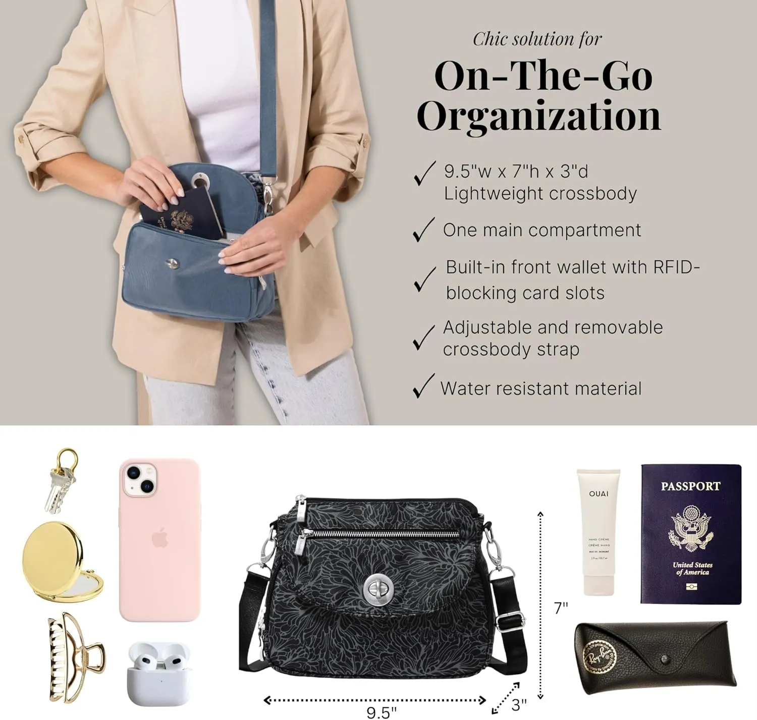 Baggallini Calais Crossbody Bags for Women 9.5"x7" Travel Handbag Purse w/RFID Front Wallet Lightweight Water-Resistant