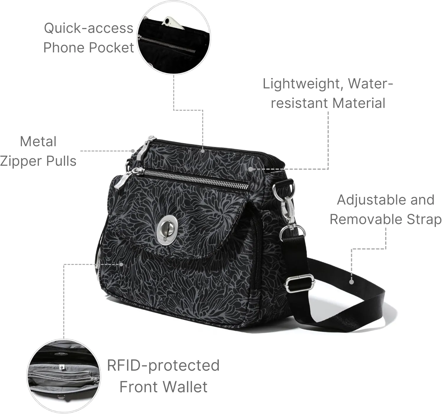 Baggallini Calais Crossbody Bags for Women 9.5"x7" Travel Handbag Purse w/RFID Front Wallet Lightweight Water-Resistant