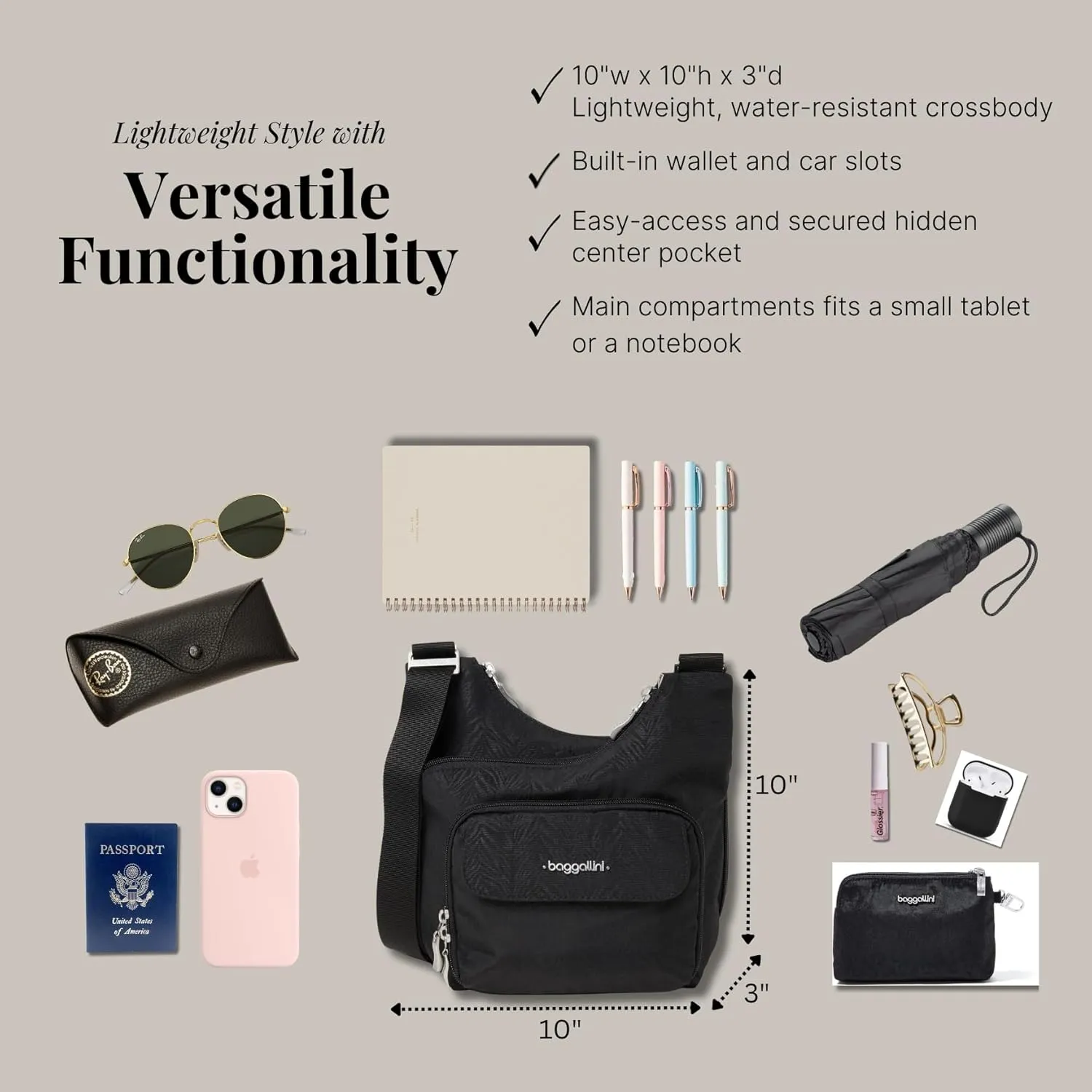 Baggallini Criss Cross 10x11 Crossbody Women Lightweight Water-Resistant Nylon Travel Bag W/RFID & Quick Access Pockets