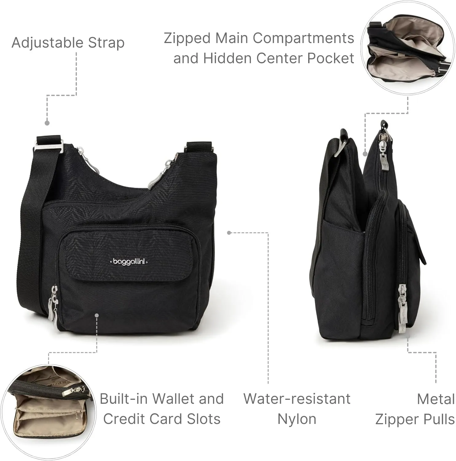 Baggallini Criss Cross 10x11 Crossbody Women Lightweight Water-Resistant Nylon Travel Bag W/RFID & Quick Access Pockets