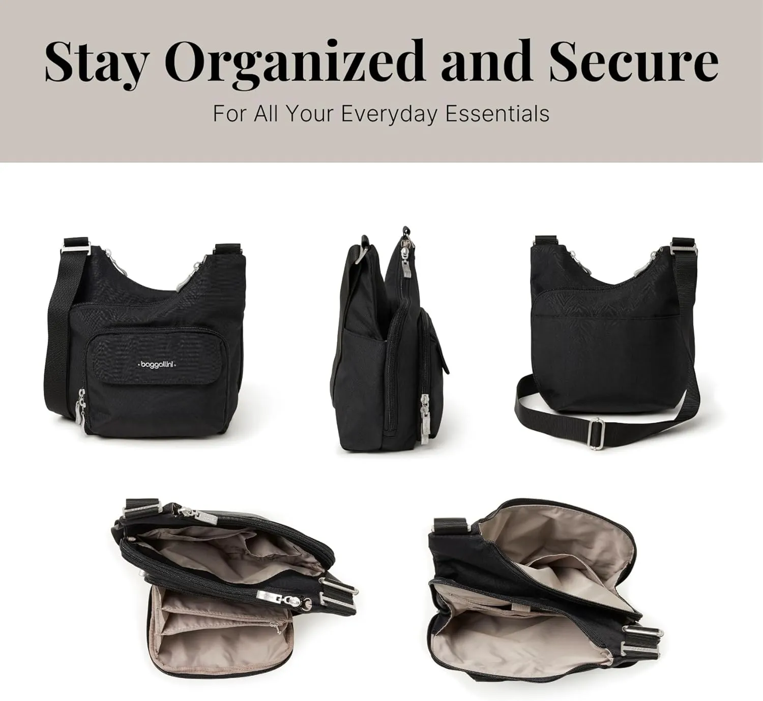 Baggallini Criss Cross 10x11 Crossbody Women Lightweight Water-Resistant Nylon Travel Bag W/RFID & Quick Access Pockets