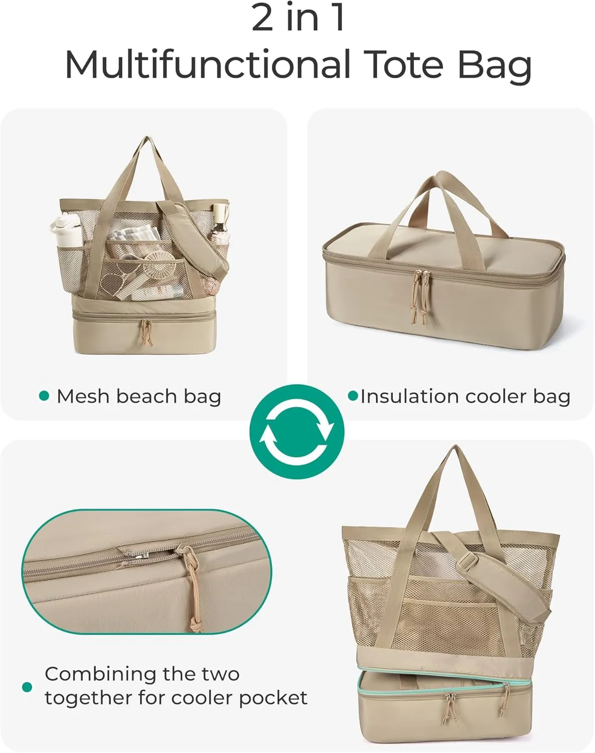 BAGSMART Beach Bag with Cooler, Mesh Beach Tote Bag with Zipper and Pockets Large Packable for Pool Swim Travel Essentials