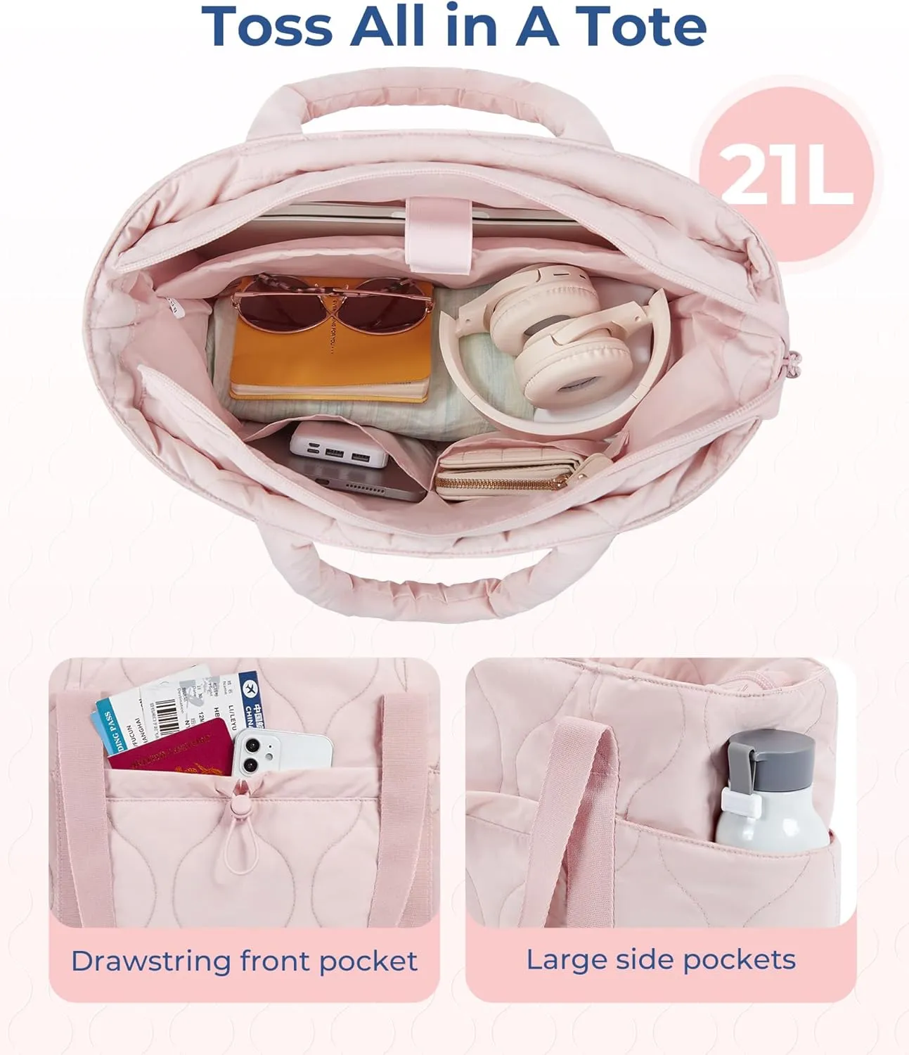 BAGSMART Puffer Tote Bag for Women, Quilted Travel Top Handle, Large Lightweight Shoulder Handbags with Zipper