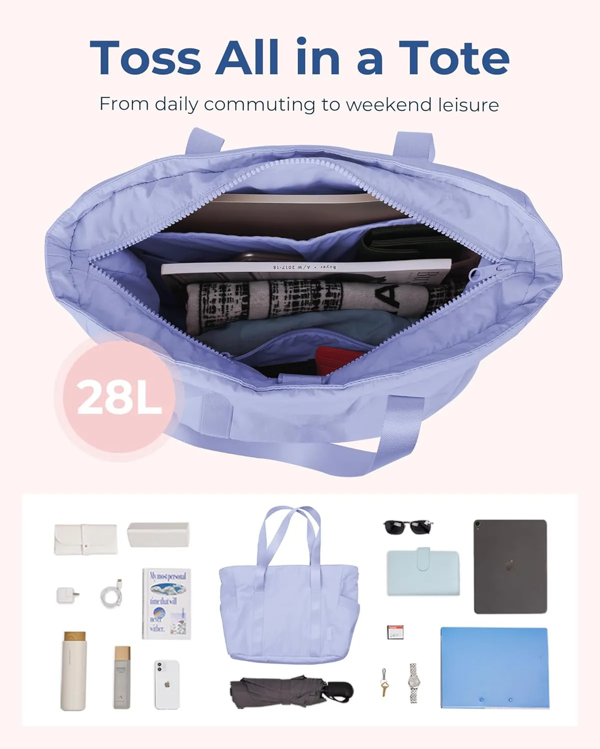 BAGSMART Tote Bag for Women with Zipper, Gym Tote with Compartments, Work Tote Nurse Dance Yoga Bag for Sport, Travel