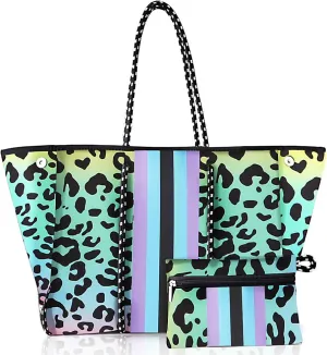Beach Bag, Neoprene Tote Bag, Beach Bags Waterproof Sandproof, Multipurpose Large Tote Bag for Beach, Swimming, Gym Bag, Travel Bag （Gradient leopard)