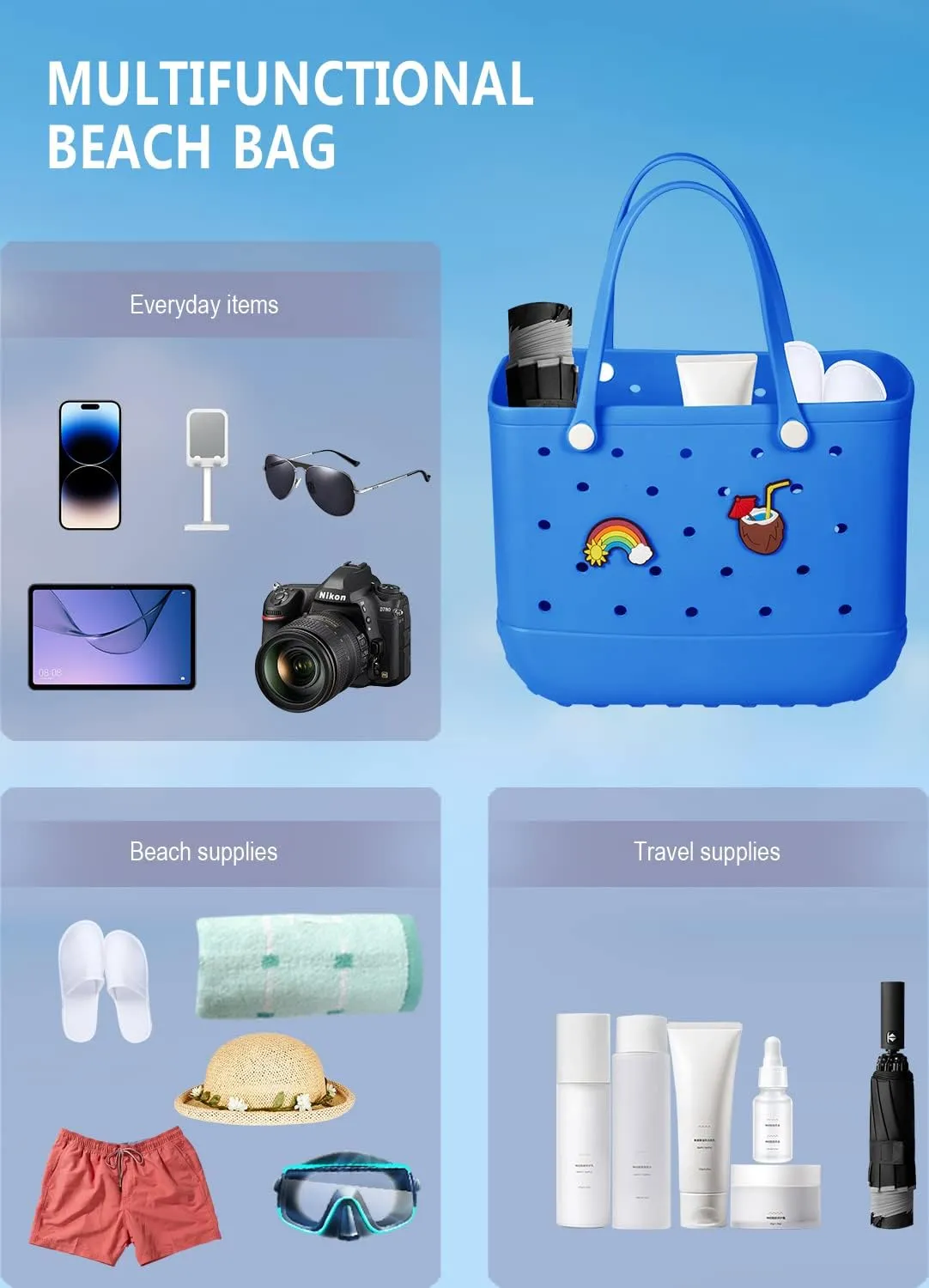 Beach Bag Rubber Tote Bag Waterproof Travel Bags for Women Washable Tote Bag Handbag for Sports Beach Market Pool