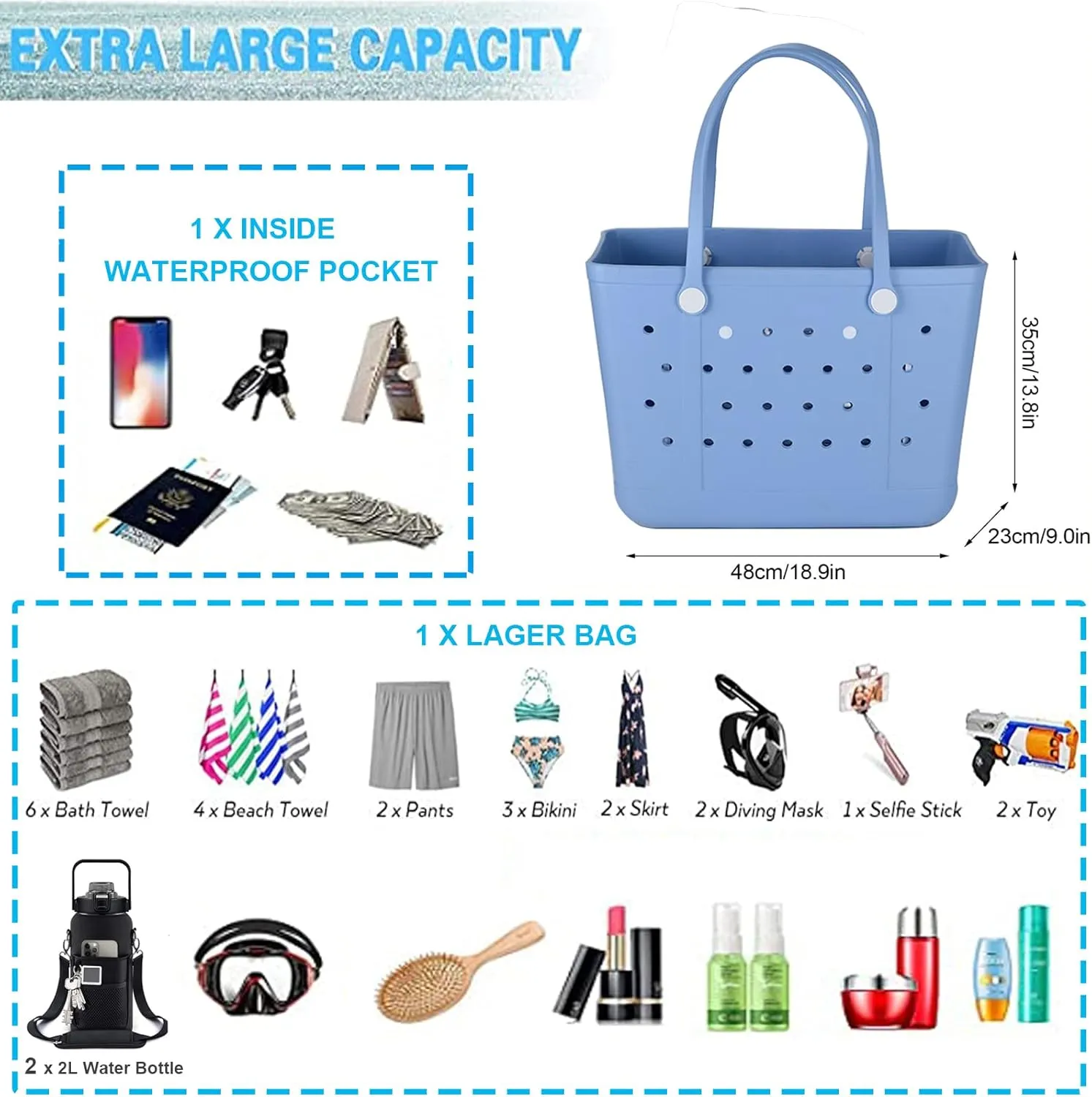 Beach Bag X Large Rubber Beach Tote Bag, Waterproof Washable Open for Women Croc Bag Hand Bag for Beach Pool Yoga