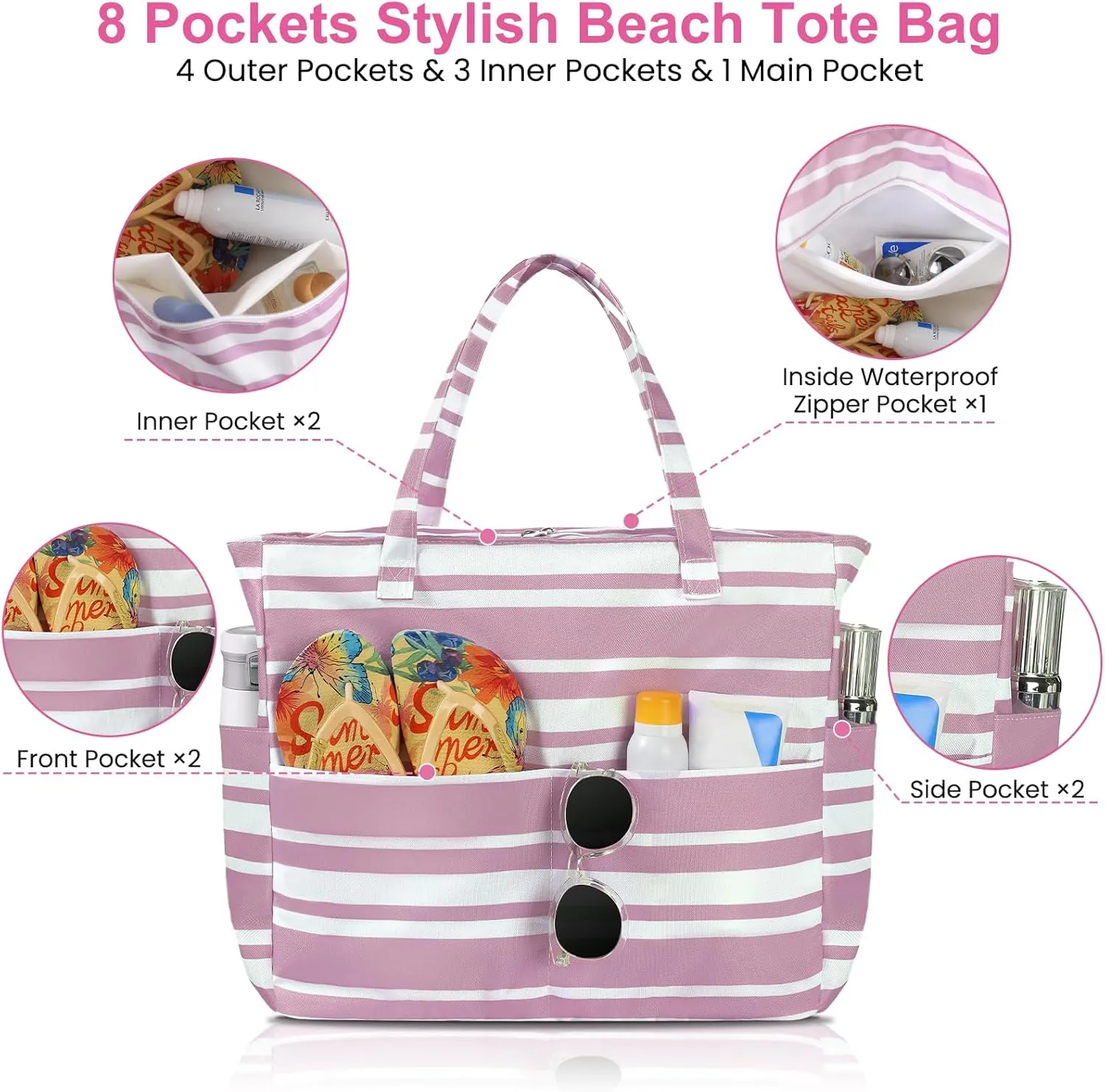 Beach Bags for Women Waterproof Sandproof Women Tote Bag, Large Beach Bag with Zipper for Gym Travel Vocation