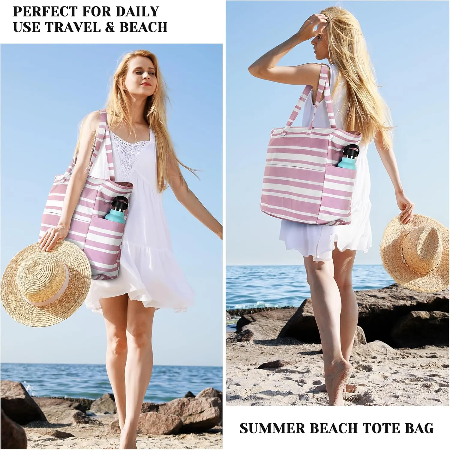 Beach Bags for Women Waterproof Sandproof Women Tote Bag, Large Beach Bag with Zipper for Gym Travel Vocation