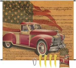Beach Blanket, 4th of July Vintage Sandproof Beach Mat, Waterproof Quick Drying Sand Free Mat with 4 x Ground Spikes for Outdoor Travel Camping Hiking, American Flag Car 68 x 59 in