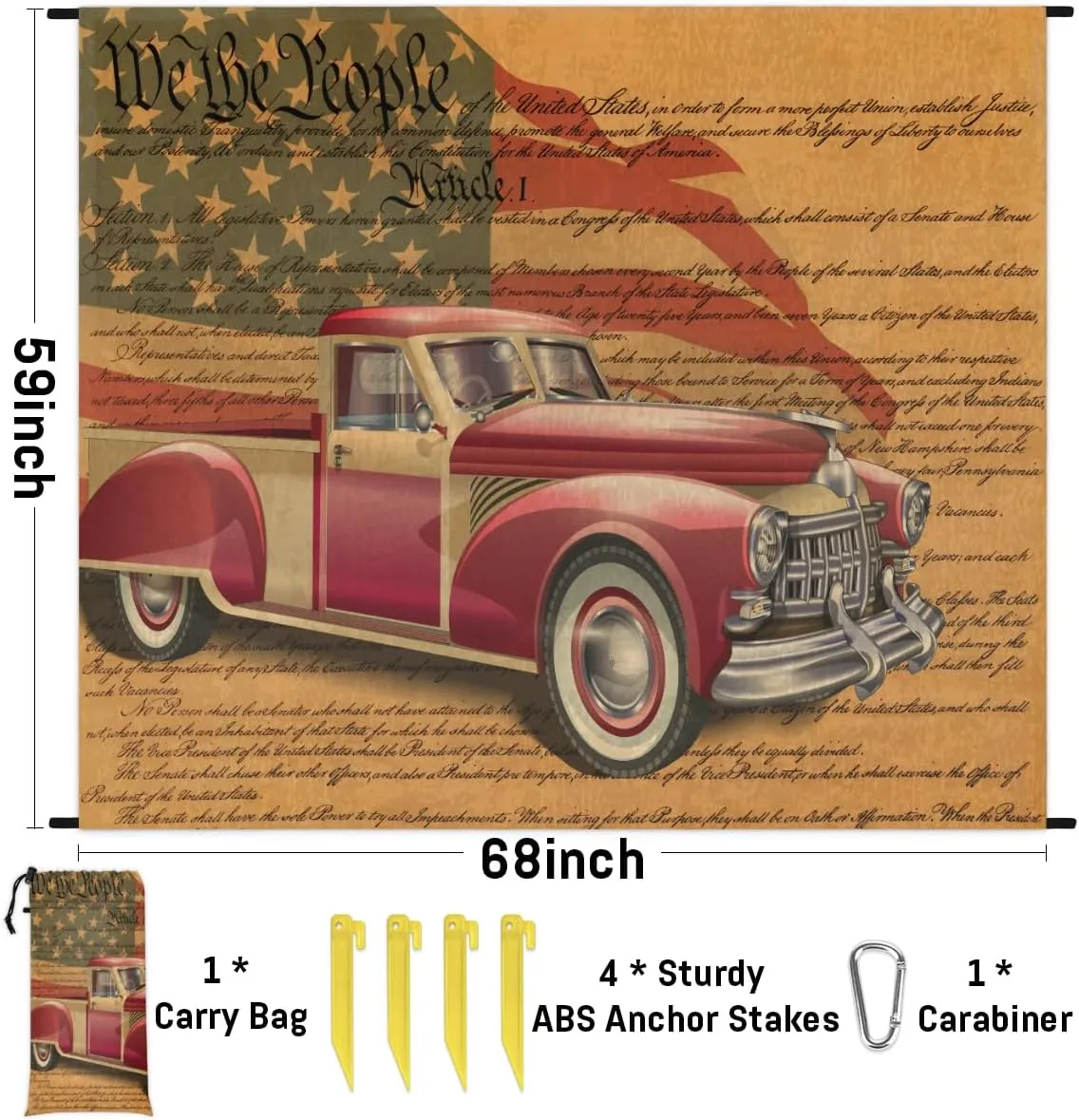 Beach Blanket, 4th of July Vintage Sandproof Beach Mat, Waterproof Quick Drying Sand Free Mat with 4 x Ground Spikes for Outdoor Travel Camping Hiking, American Flag Car 68 x 59 in