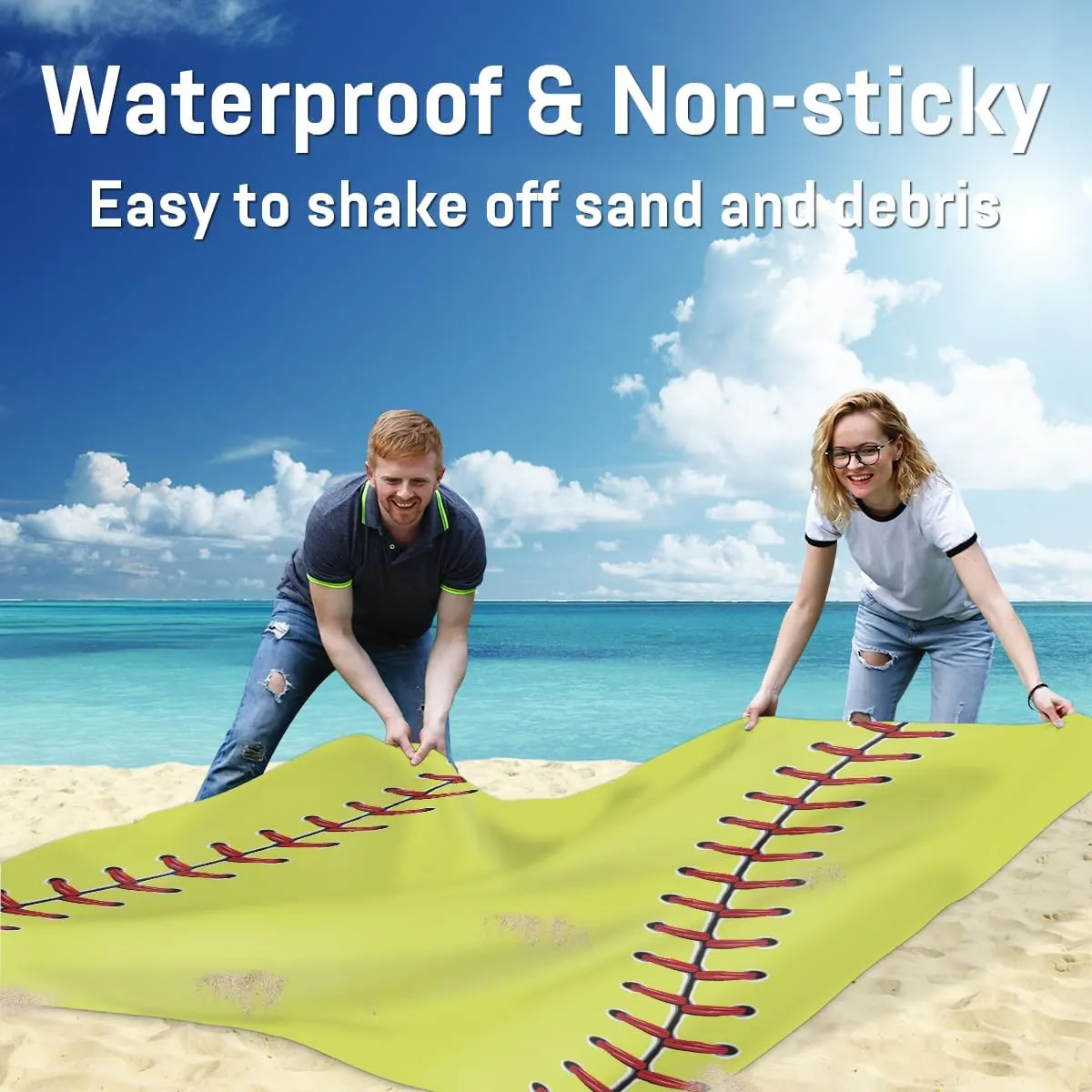 Beach Blanket, Baseball Theme Sandproof Beach Mat, Waterproof Quick Drying Sand Free Mat with 4 x Ground Spikes for Outdoor Travel Camping Hiking, Sports 68 x 59 in