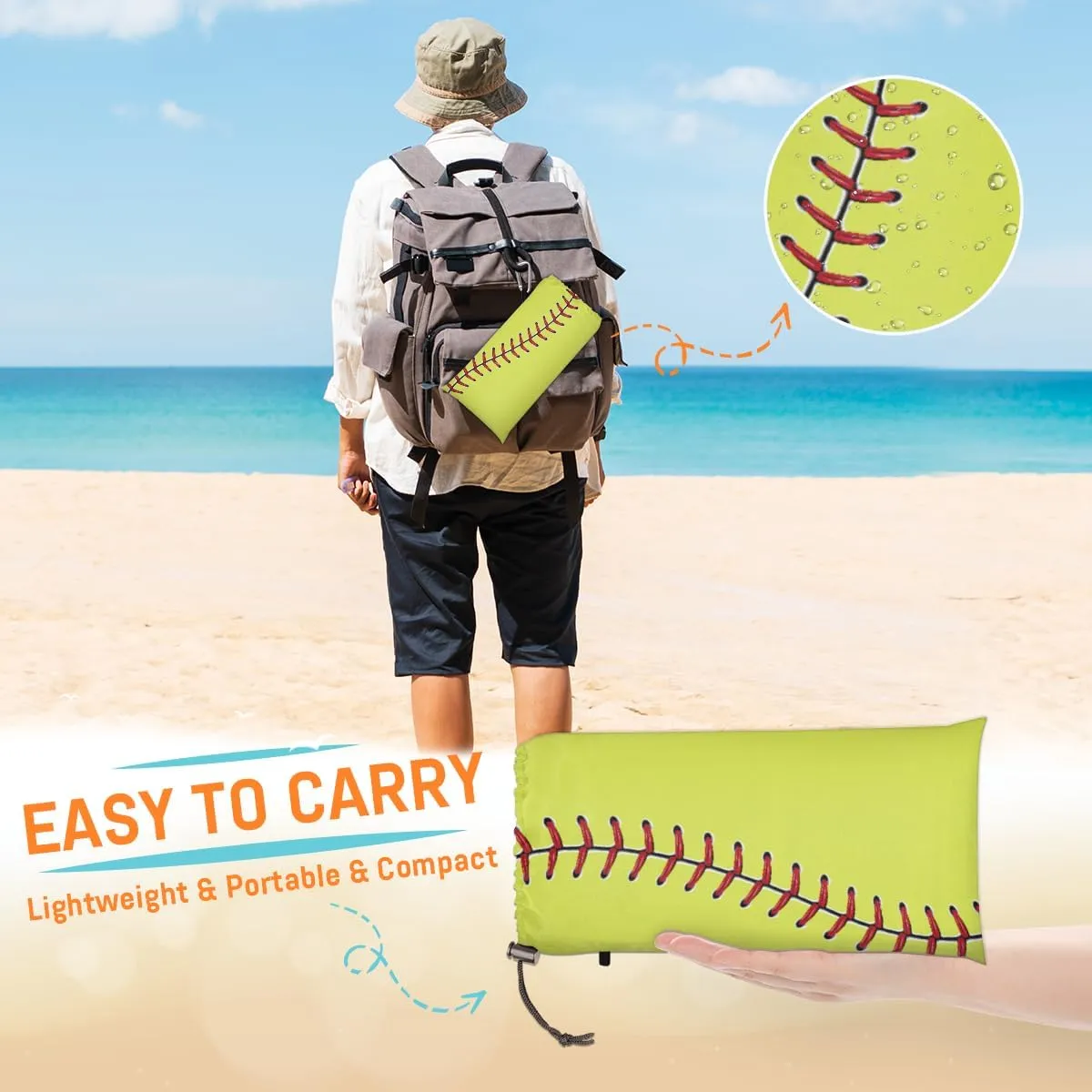 Beach Blanket, Baseball Theme Sandproof Beach Mat, Waterproof Quick Drying Sand Free Mat with 4 x Ground Spikes for Outdoor Travel Camping Hiking, Sports 68 x 59 in
