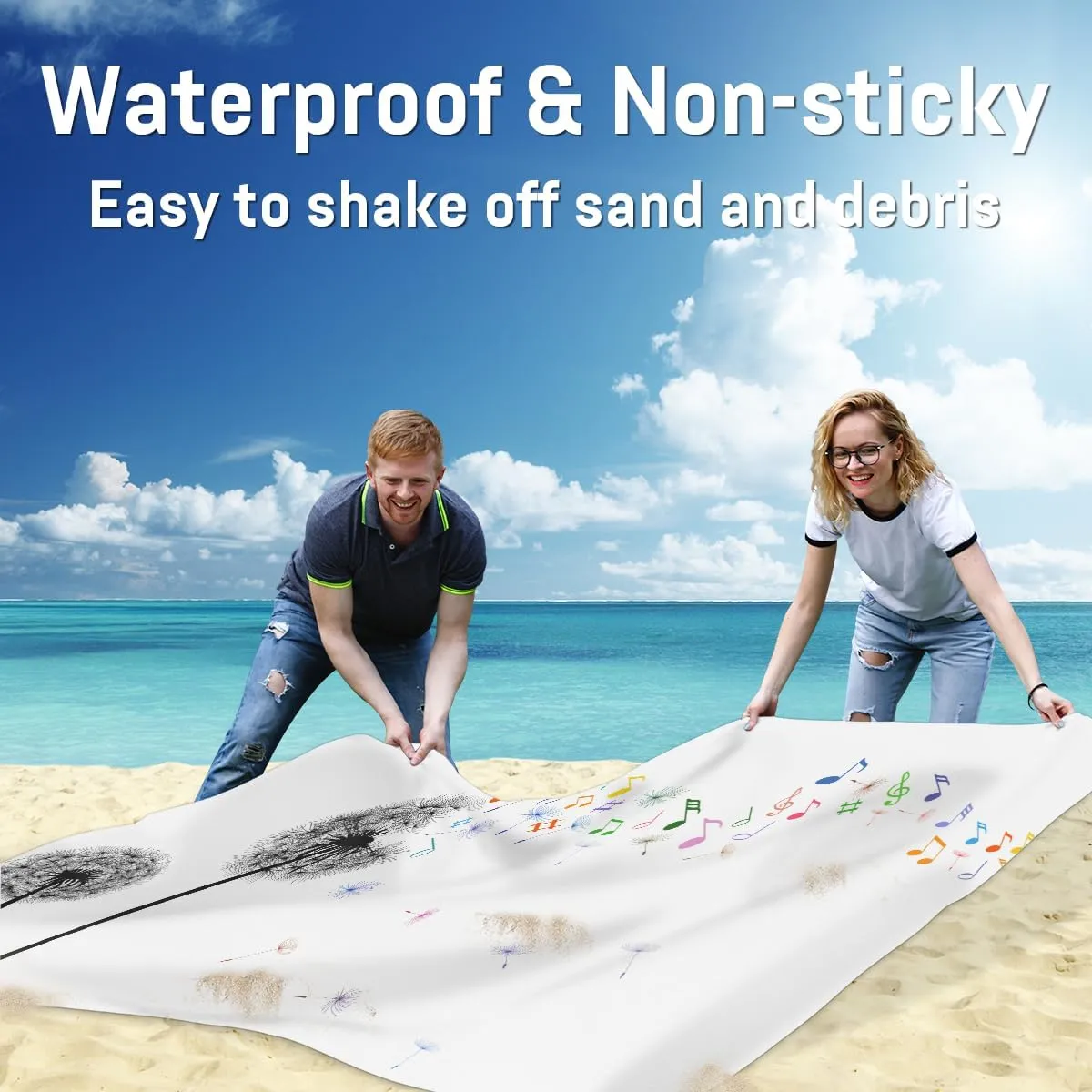 Beach Blanket, Dandelion Sandproof Beach Mat, Waterproof Quick Drying Sand Free Mat with 4 x Ground Spikes for Outdoor Travel Camping Hiking, Music Notes 68 x 59 in