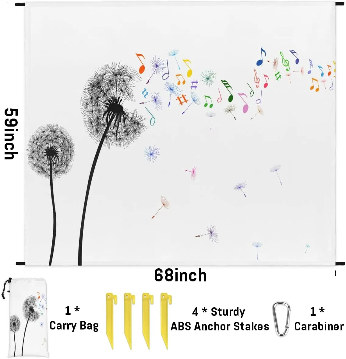 Beach Blanket, Dandelion Sandproof Beach Mat, Waterproof Quick Drying Sand Free Mat with 4 x Ground Spikes for Outdoor Travel Camping Hiking, Music Notes 68 x 59 in