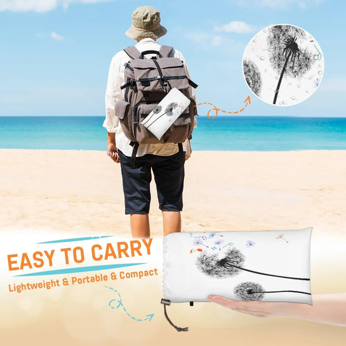 Beach Blanket, Dandelion Sandproof Beach Mat, Waterproof Quick Drying Sand Free Mat with 4 x Ground Spikes for Outdoor Travel Camping Hiking, Music Notes 68 x 59 in