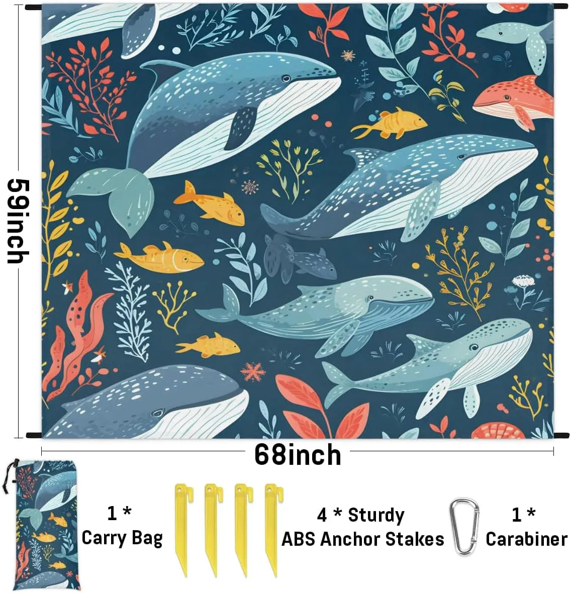 Beach Blanket, Killer Whale Orca Sandproof Beach Mat, Waterproof Quick Drying Sand Free Mat with 4 x Ground Spikes for Outdoor Travel Camping Hiking, Animals 68 x 59 in