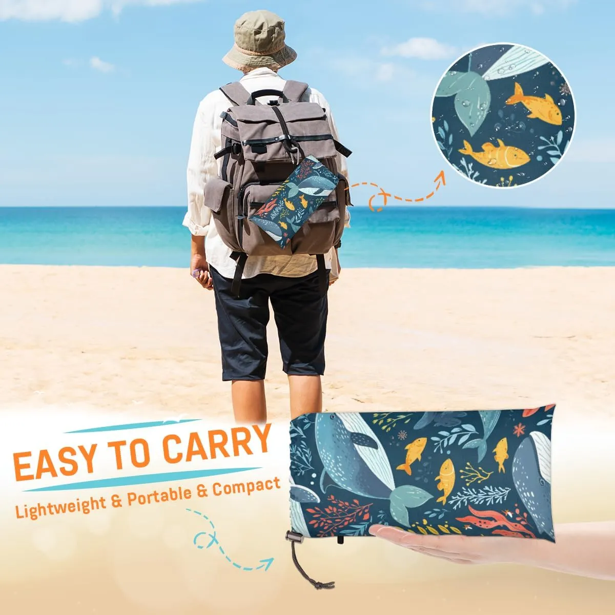 Beach Blanket, Killer Whale Orca Sandproof Beach Mat, Waterproof Quick Drying Sand Free Mat with 4 x Ground Spikes for Outdoor Travel Camping Hiking, Animals 68 x 59 in