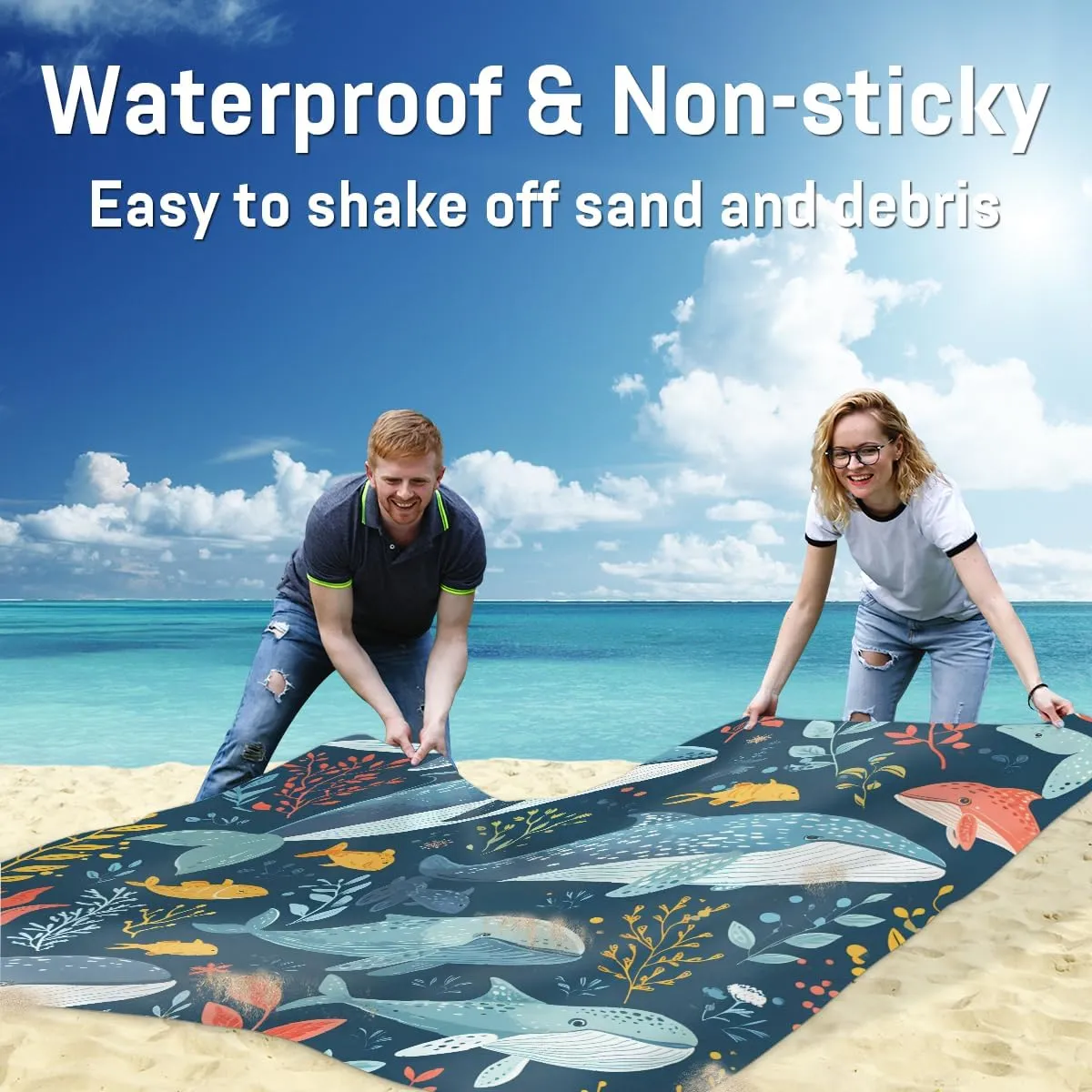 Beach Blanket, Killer Whale Orca Sandproof Beach Mat, Waterproof Quick Drying Sand Free Mat with 4 x Ground Spikes for Outdoor Travel Camping Hiking, Animals 68 x 59 in