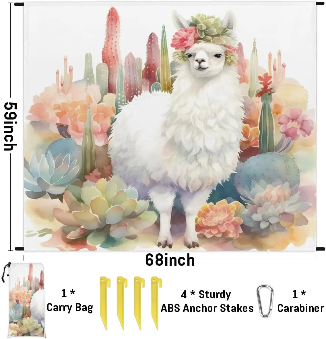 Beach Blanket, Llama Alpaca Sandproof Beach Mat, Waterproof Quick Drying Sand Free Mat with 4 x Ground Spikes for Outdoor Travel Camping Hiking, Cactus Llama 68 x 59 in