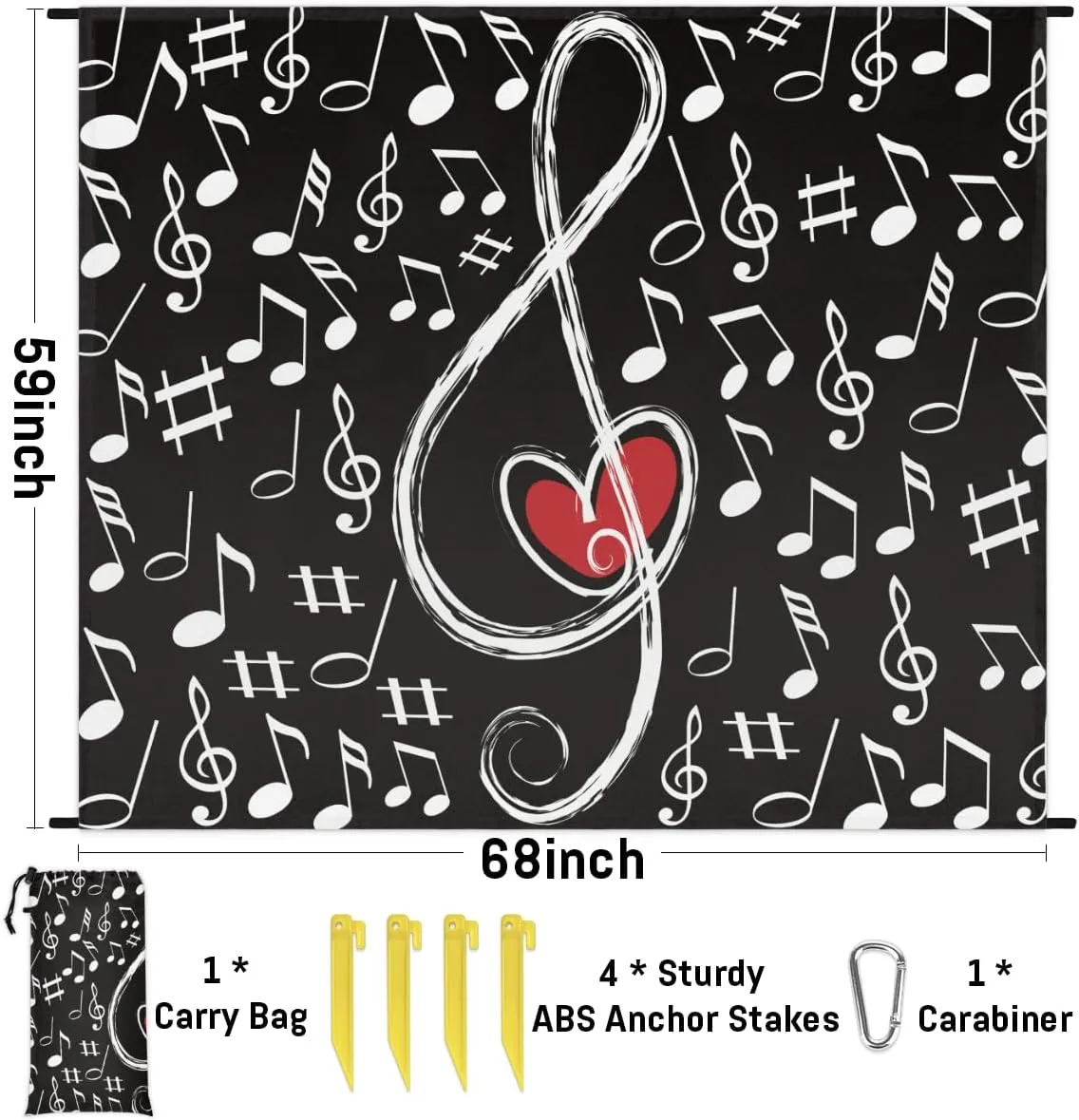 Beach Blanket, Music Note Love Sandproof Beach Mat, Waterproof Quick Drying Sand Free Mat with 4 x Ground Spikes for Outdoor Travel Camping Hiking, Musical Theme 68 x 59 in