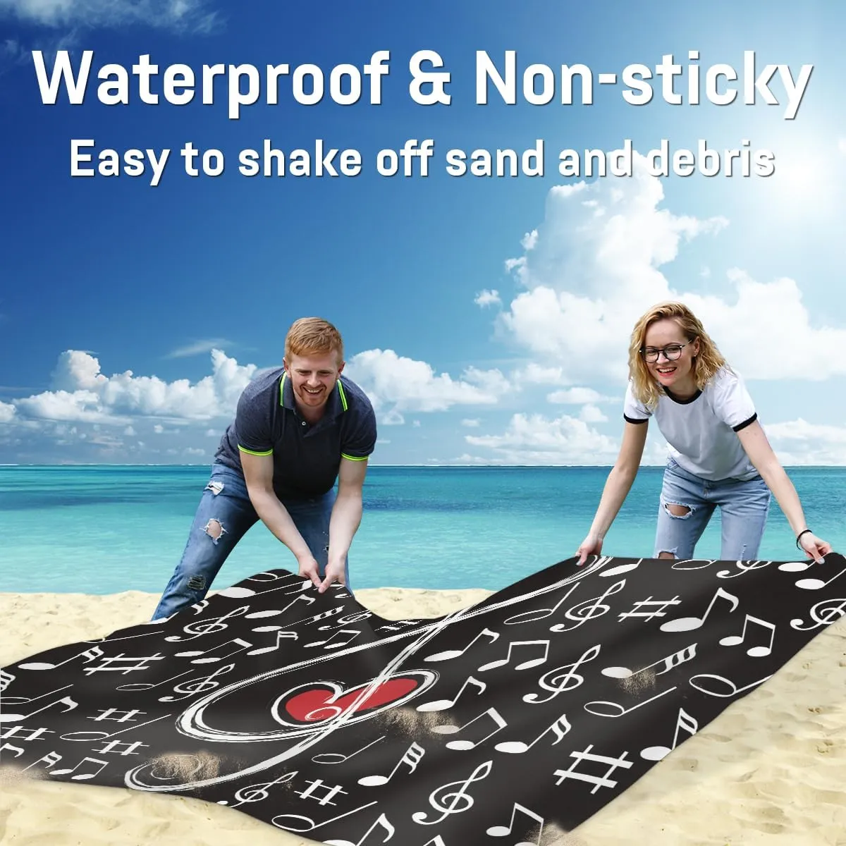 Beach Blanket, Music Note Love Sandproof Beach Mat, Waterproof Quick Drying Sand Free Mat with 4 x Ground Spikes for Outdoor Travel Camping Hiking, Musical Theme 68 x 59 in