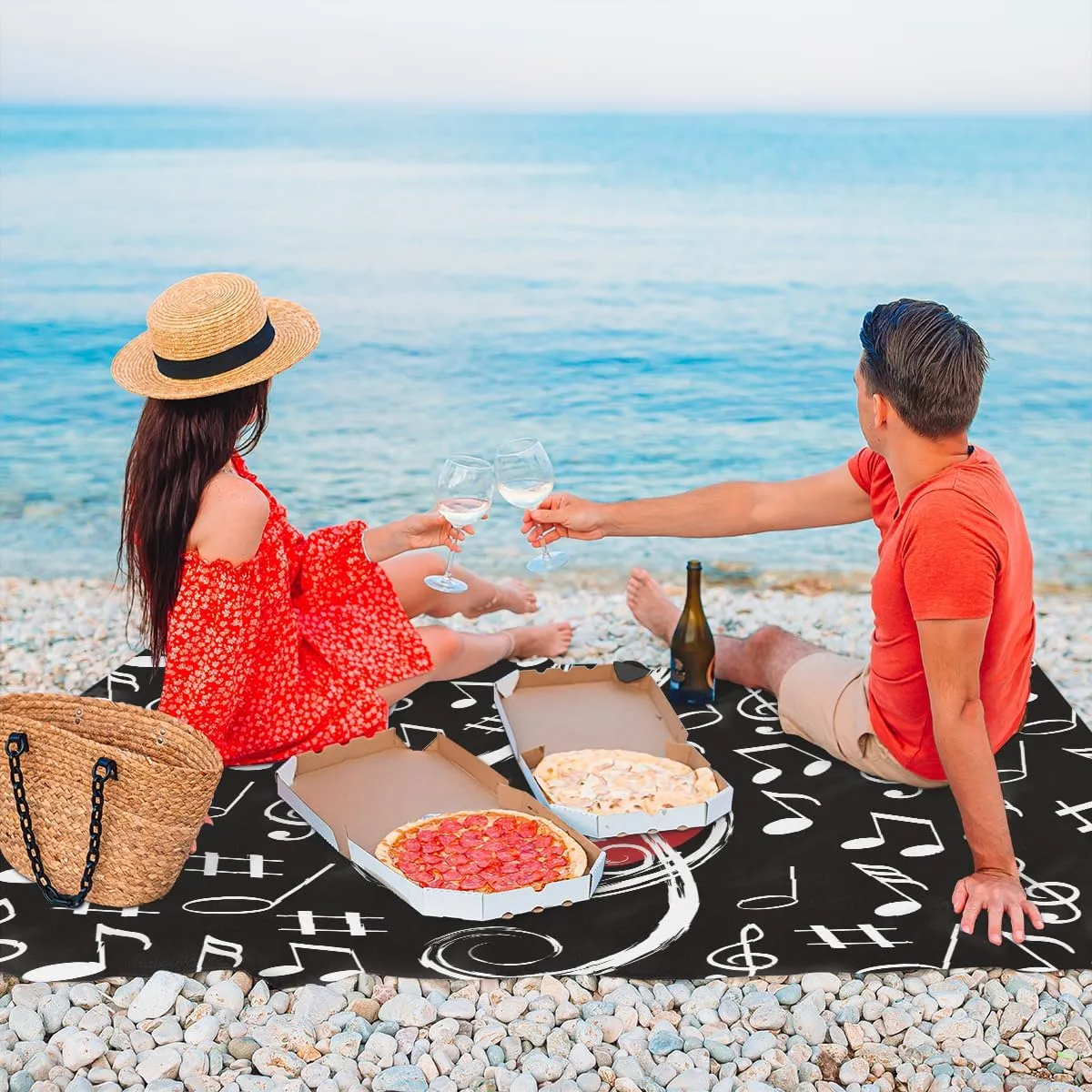 Beach Blanket, Music Note Love Sandproof Beach Mat, Waterproof Quick Drying Sand Free Mat with 4 x Ground Spikes for Outdoor Travel Camping Hiking, Musical Theme 68 x 59 in