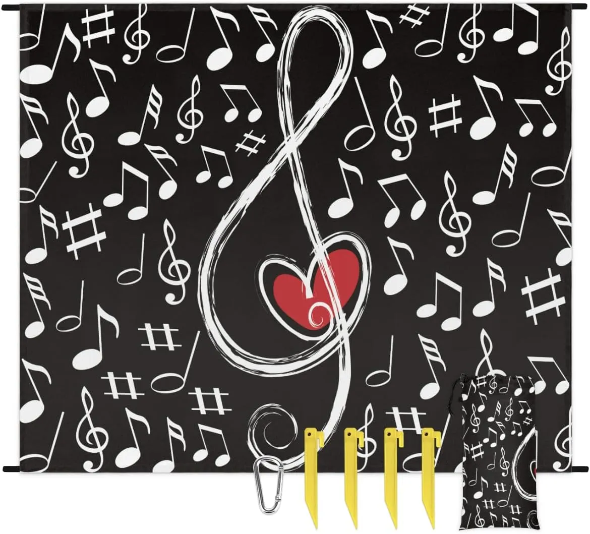 Beach Blanket, Music Note Love Sandproof Beach Mat, Waterproof Quick Drying Sand Free Mat with 4 x Ground Spikes for Outdoor Travel Camping Hiking, Musical Theme 68 x 59 in