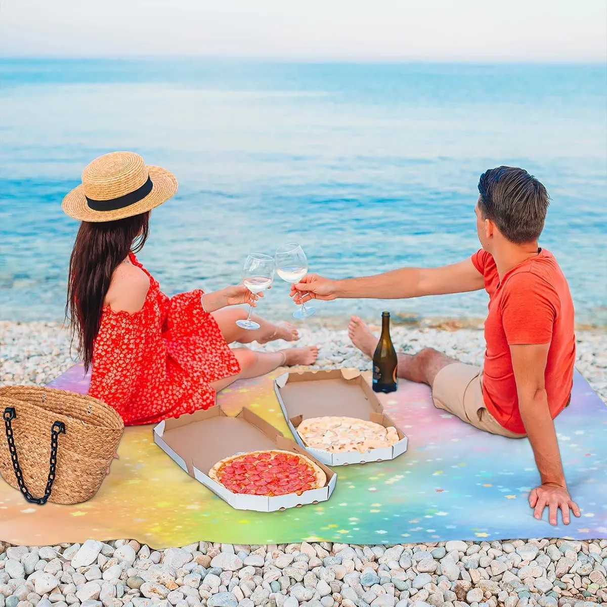 Beach Blanket, Rainbow Sandproof Beach Mat, Waterproof Quick Drying Sand Free Mat with 4 x Ground Spikes for Outdoor Travel Camping Hiking, Rainbow Themed 68 x 59 in