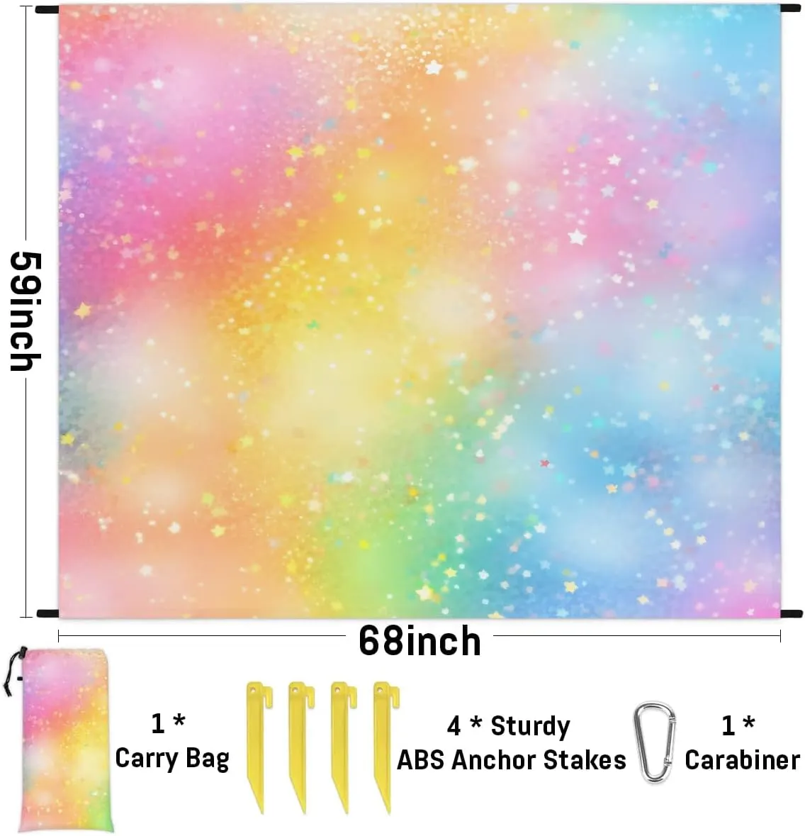 Beach Blanket, Rainbow Sandproof Beach Mat, Waterproof Quick Drying Sand Free Mat with 4 x Ground Spikes for Outdoor Travel Camping Hiking, Rainbow Themed 68 x 59 in