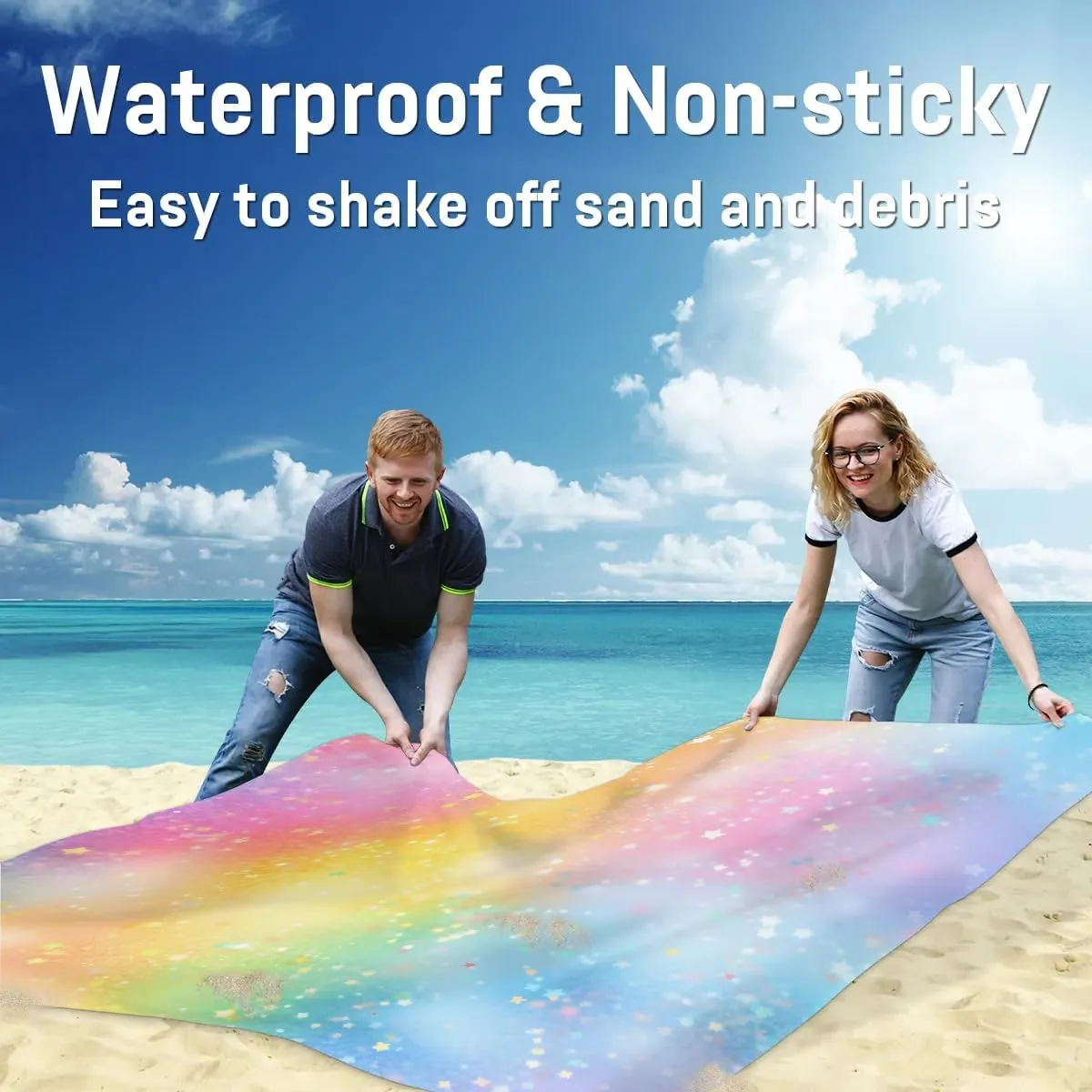 Beach Blanket, Rainbow Sandproof Beach Mat, Waterproof Quick Drying Sand Free Mat with 4 x Ground Spikes for Outdoor Travel Camping Hiking, Rainbow Themed 68 x 59 in