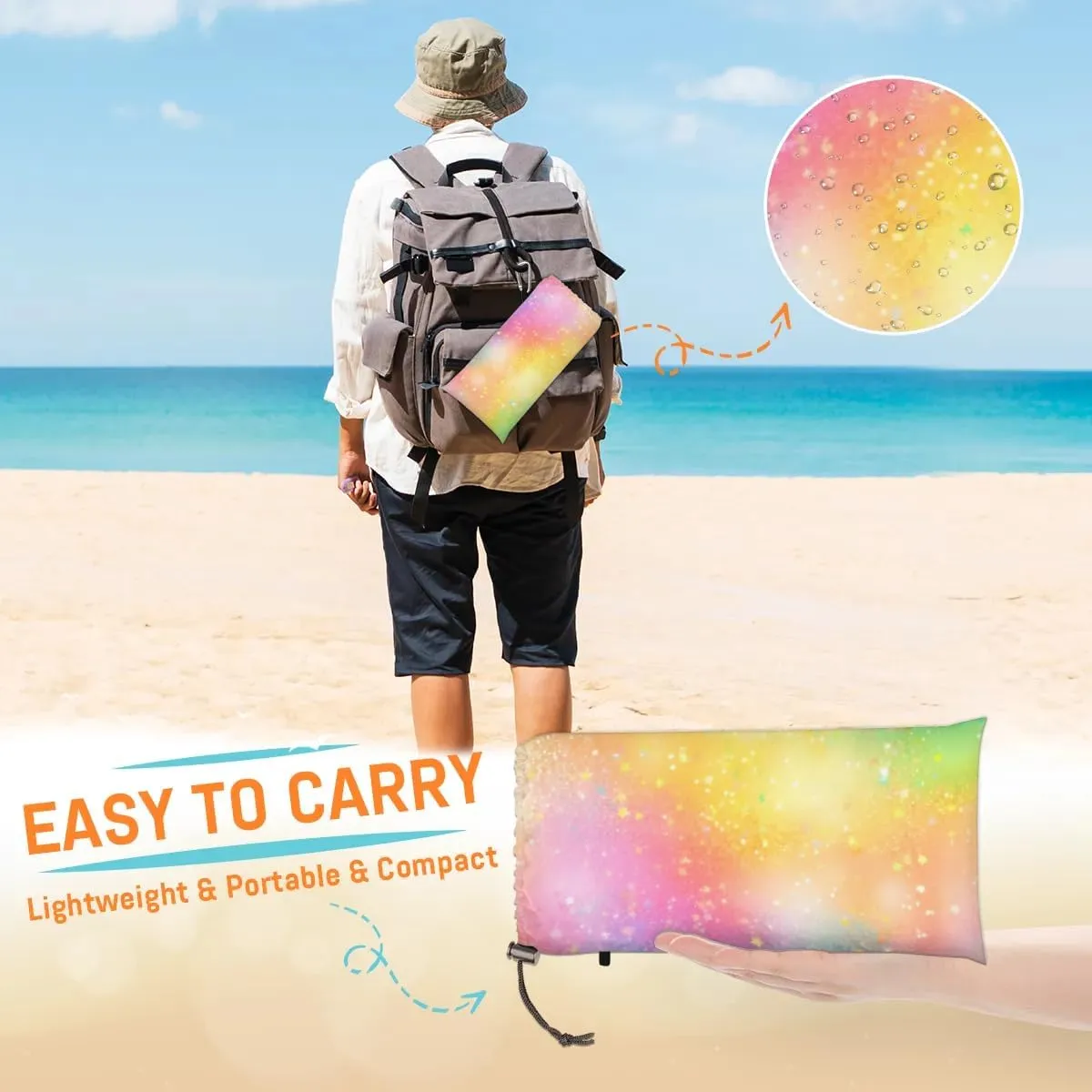 Beach Blanket, Rainbow Sandproof Beach Mat, Waterproof Quick Drying Sand Free Mat with 4 x Ground Spikes for Outdoor Travel Camping Hiking, Rainbow Themed 68 x 59 in