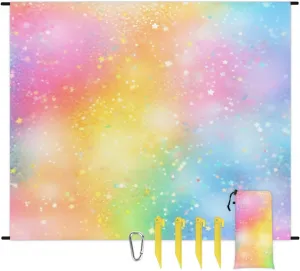 Beach Blanket, Rainbow Sandproof Beach Mat, Waterproof Quick Drying Sand Free Mat with 4 x Ground Spikes for Outdoor Travel Camping Hiking, Rainbow Themed 68 x 59 in