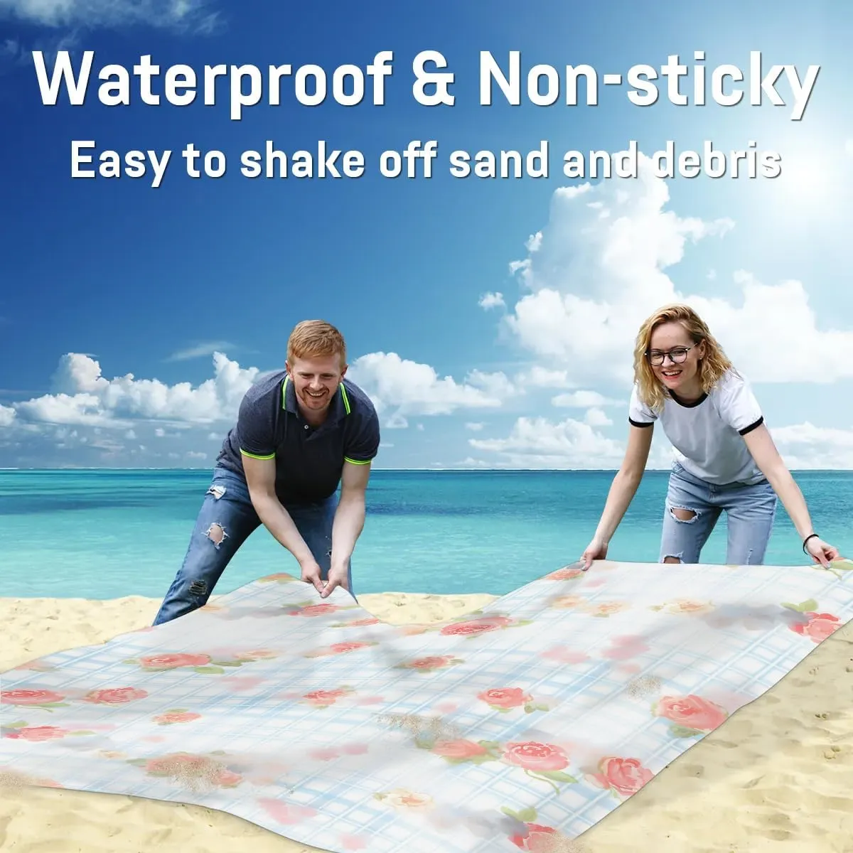 Beach Blanket, Rose Floral Sandproof Beach Mat, Waterproof Quick Drying Sand Free Mat with 4 x Ground Spikes for Outdoor Travel Camping Hiking, Roses Plaid 68 x 59 in