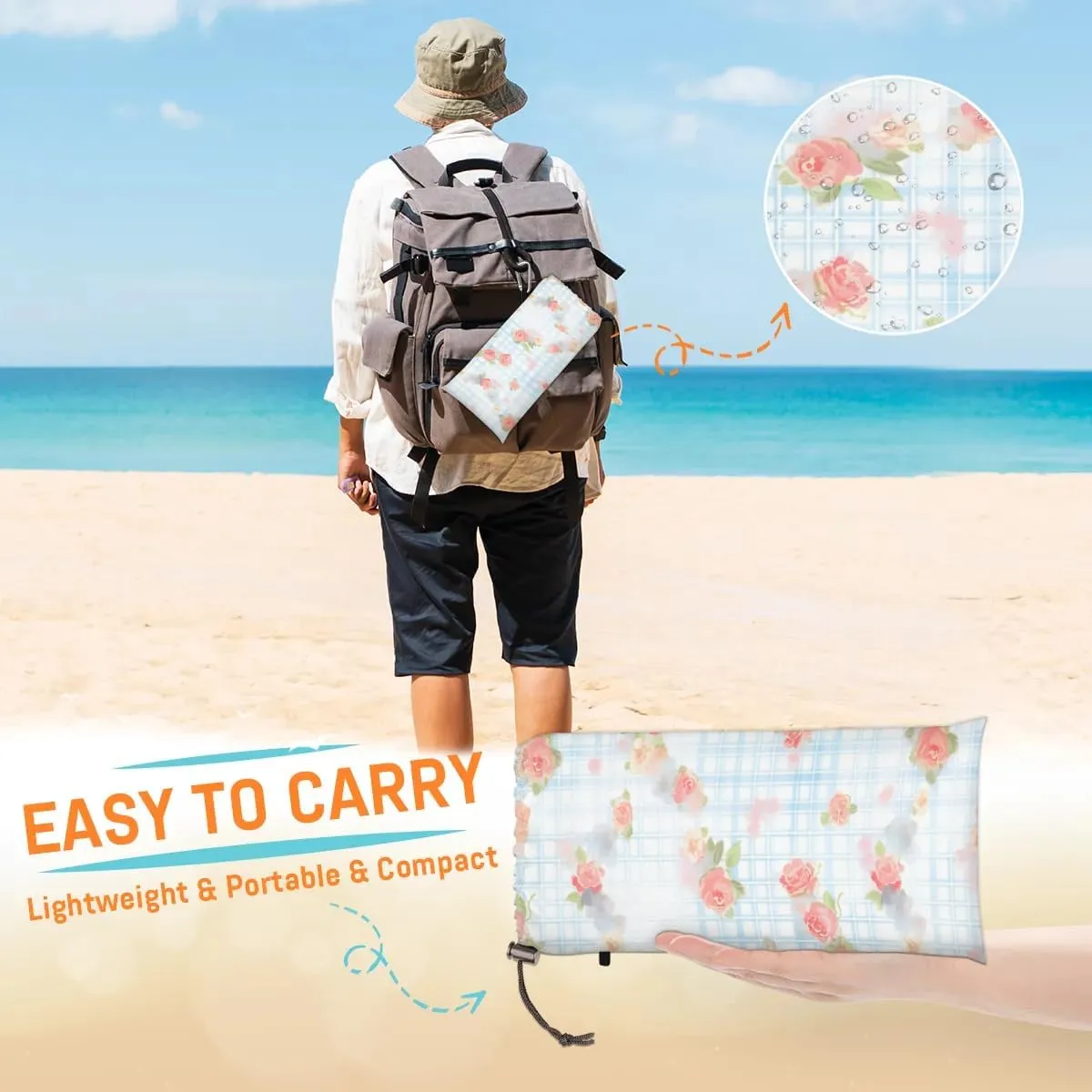 Beach Blanket, Rose Floral Sandproof Beach Mat, Waterproof Quick Drying Sand Free Mat with 4 x Ground Spikes for Outdoor Travel Camping Hiking, Roses Plaid 68 x 59 in