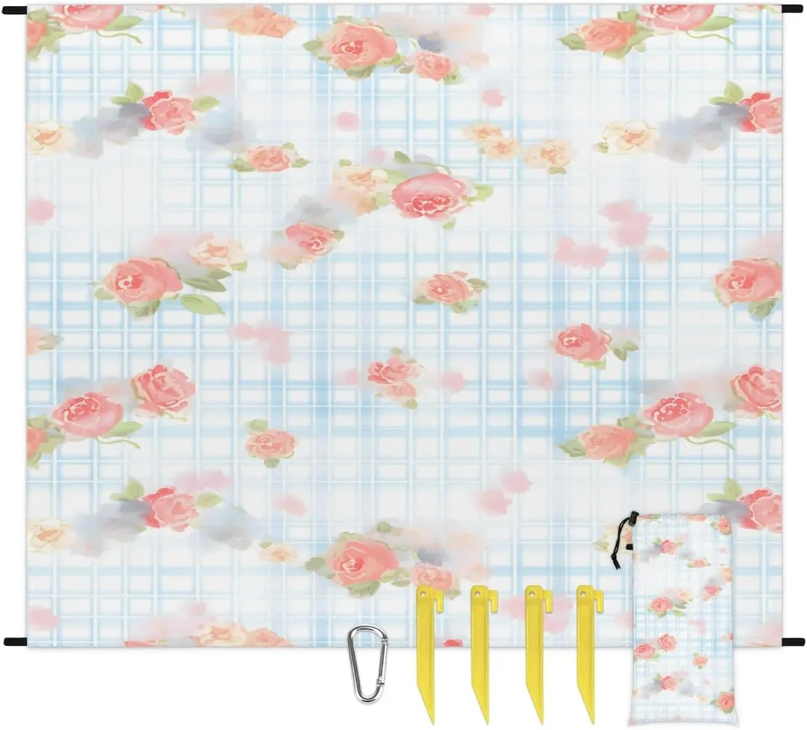 Beach Blanket, Rose Floral Sandproof Beach Mat, Waterproof Quick Drying Sand Free Mat with 4 x Ground Spikes for Outdoor Travel Camping Hiking, Roses Plaid 68 x 59 in