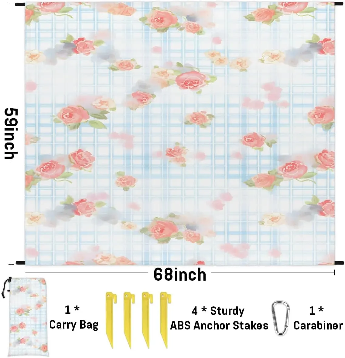 Beach Blanket, Rose Floral Sandproof Beach Mat, Waterproof Quick Drying Sand Free Mat with 4 x Ground Spikes for Outdoor Travel Camping Hiking, Roses Plaid 68 x 59 in